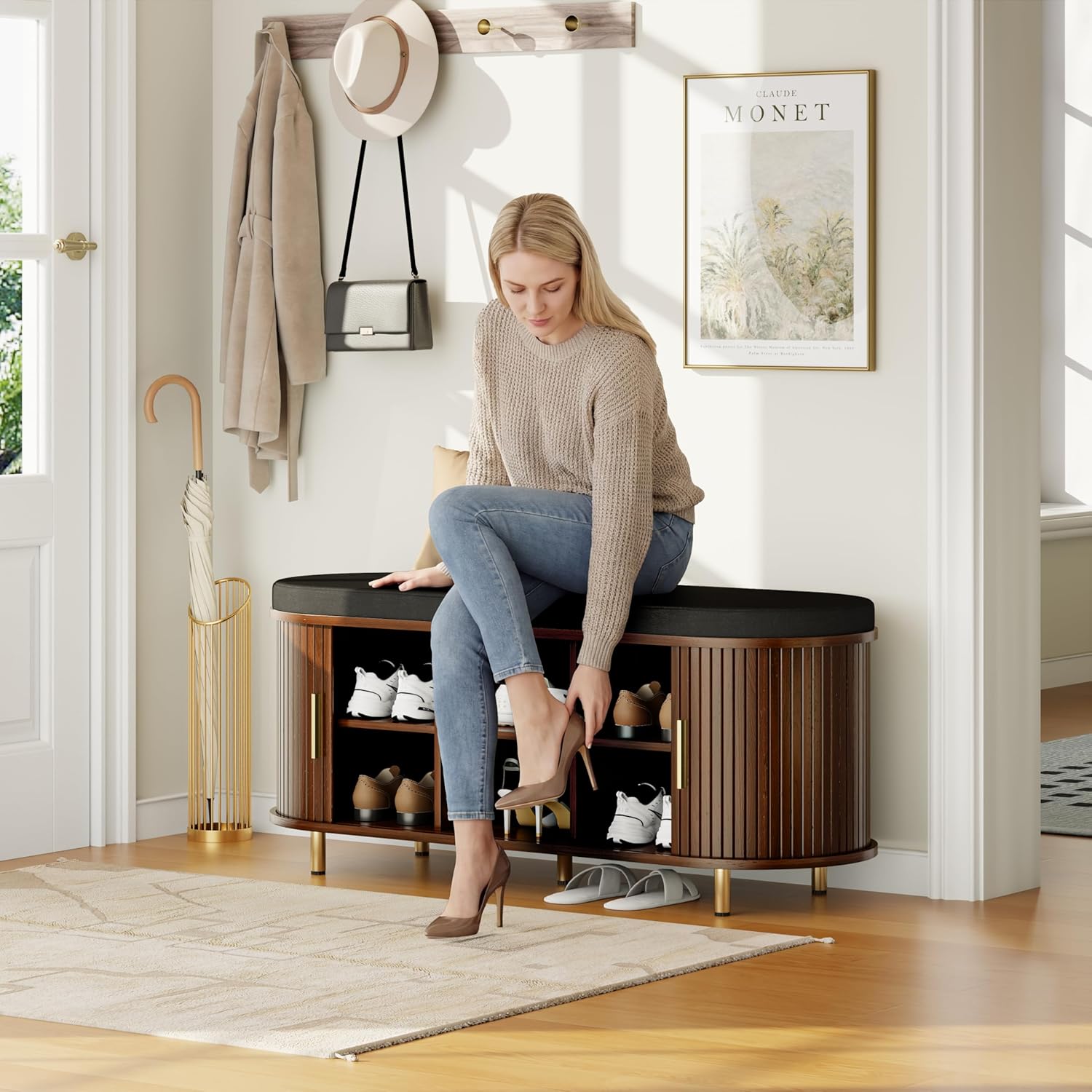 DHH 2-Tier Storage Bench,Wide Shoe Bench with Thickened Padded Seat Cushion, Mid Century Modern Fluted Sliding Door and Adjustable Shelf, for Entryway, Living Room, Bedroom (Walnut, 43.3“)