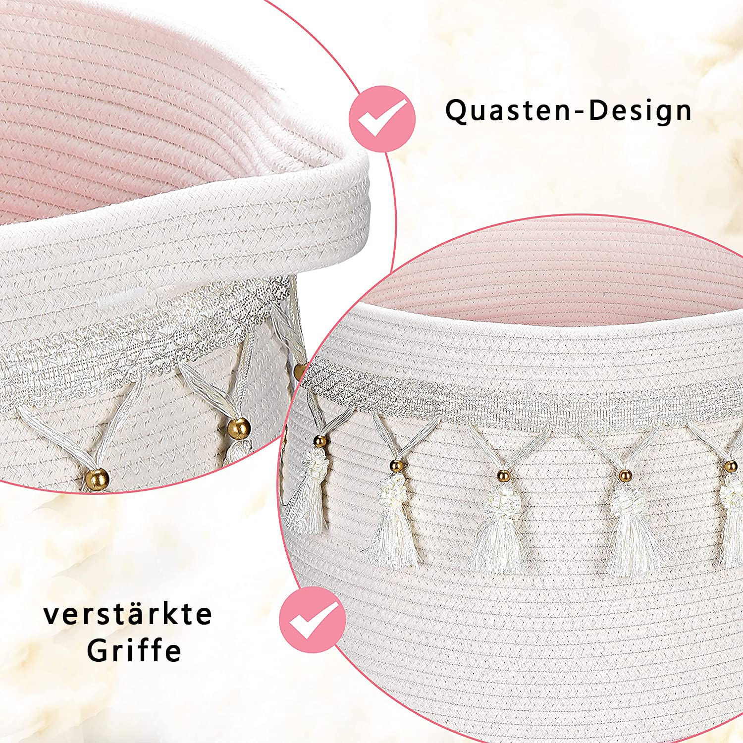 Lauatiiu Grote mand van katoenen touw, geweven opbergmand voor speelgoed, was- en dekenorganizer, ronde geschenkmand met handgrepen, voor kinderkamer, 45 x 43 cm (bruin linnen en wit