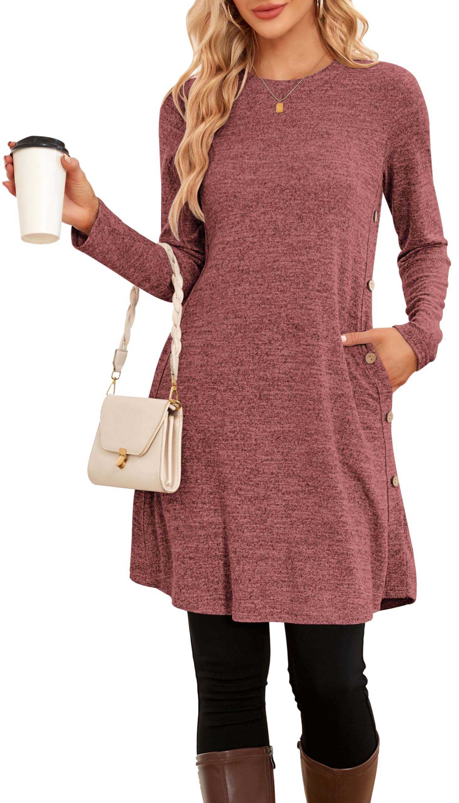 NARRAME Vestidos Tipo Jersey para Mujer de Invierno de Manga Larga con Botones causales y Bolsillos