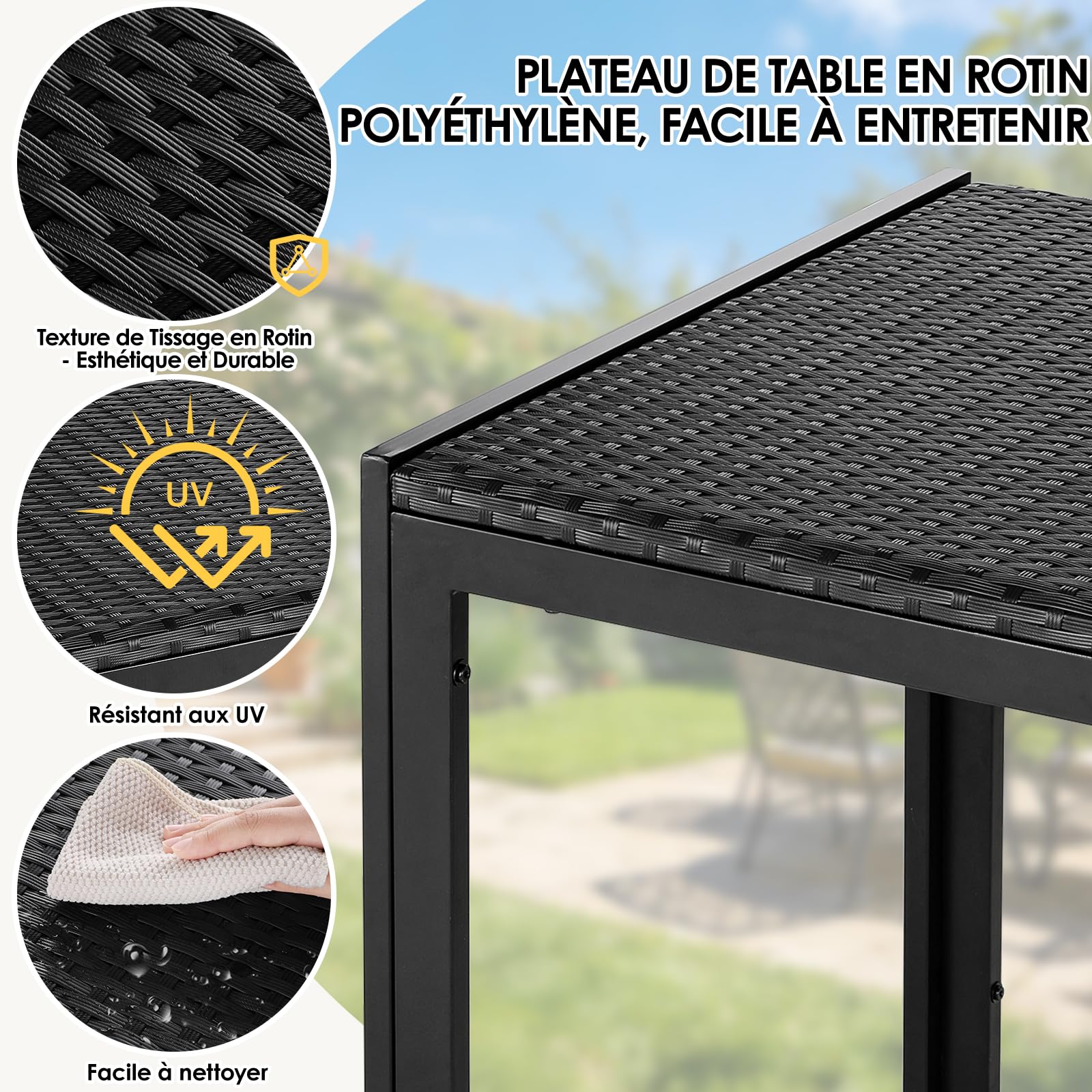 LIFERUN Table de Jardin 6 Personnes Rectangulaire en PE Rattan, 119 x 74 cm | Table en Métal pour Salle et Balcon, Résistante aux Intempéries, Plateau Spacieux, pour Terrasse, Extérieur/Intérieur (Noir)