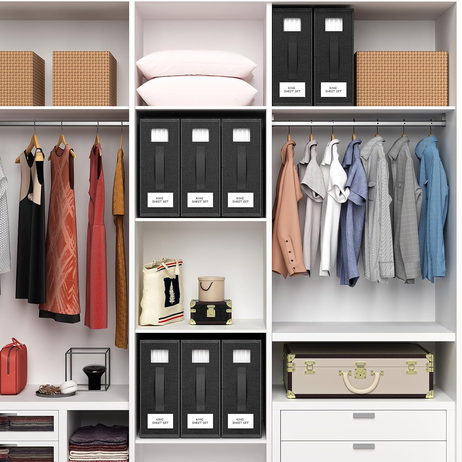 Sheet Organizers and Storage, Foldable Bed Sheet Organizer for Twin/Full/Queen/King Size, Linen Closet Organizers and Storage 4 Pack with Handle Window for Sheet Set Bedding Clothes Blanket