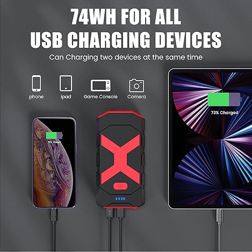 Miniatura 22 de Arrancador de batería de coche de 2000 A, 12 V arrancador de coche portátil para 8.0L de gas y 6.5L diésel, batería de reserva de 20000 mAh con USB