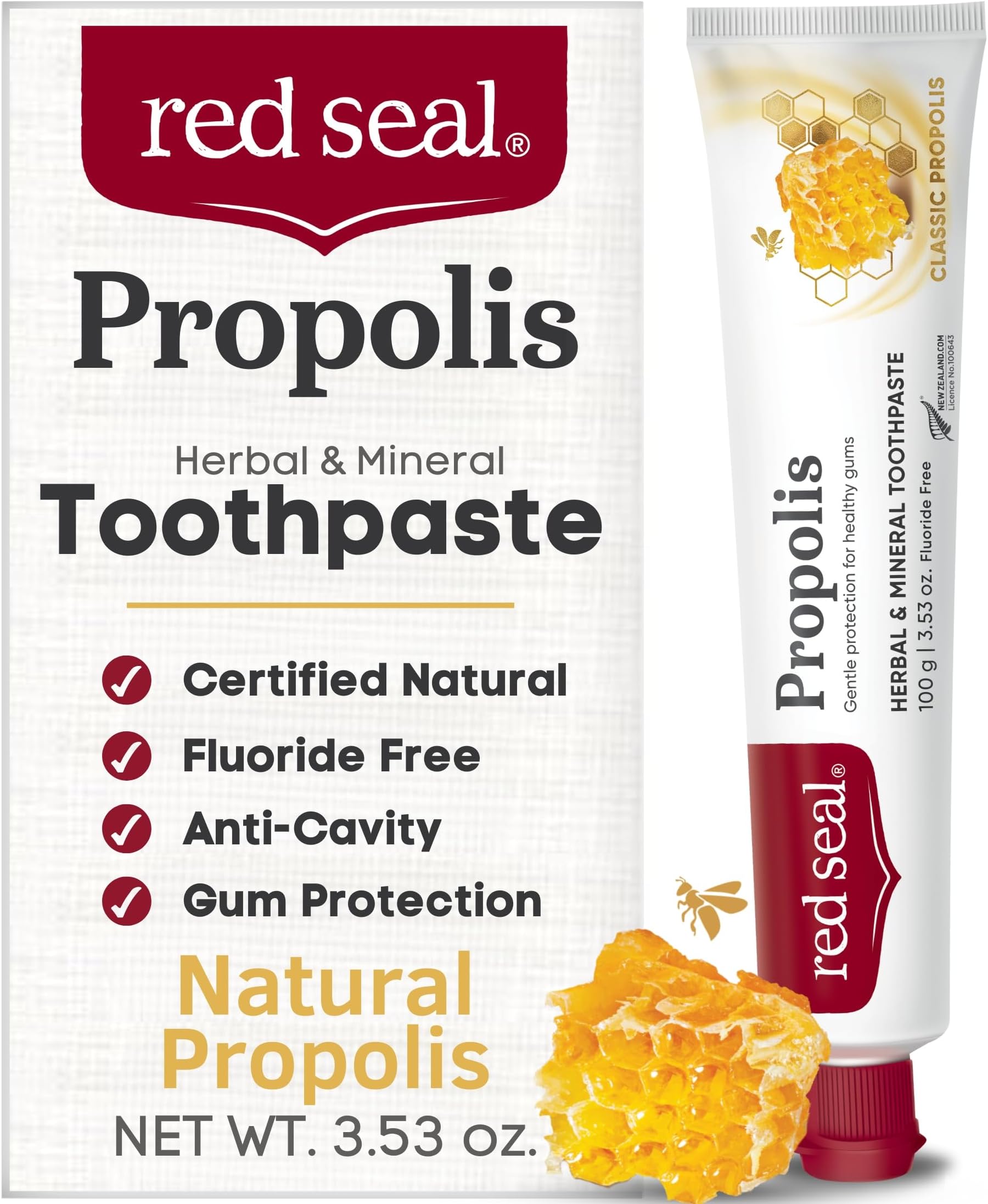 Red Seal Propolis Herbal & Mineral Natural Toothpaste - Mild Mint - Fluoride Free, Organic Toothpaste, NATRUE Certified Natural - Natural Gum Health, No Artificial Flavors, Cruelty-Free, 3.53 oz