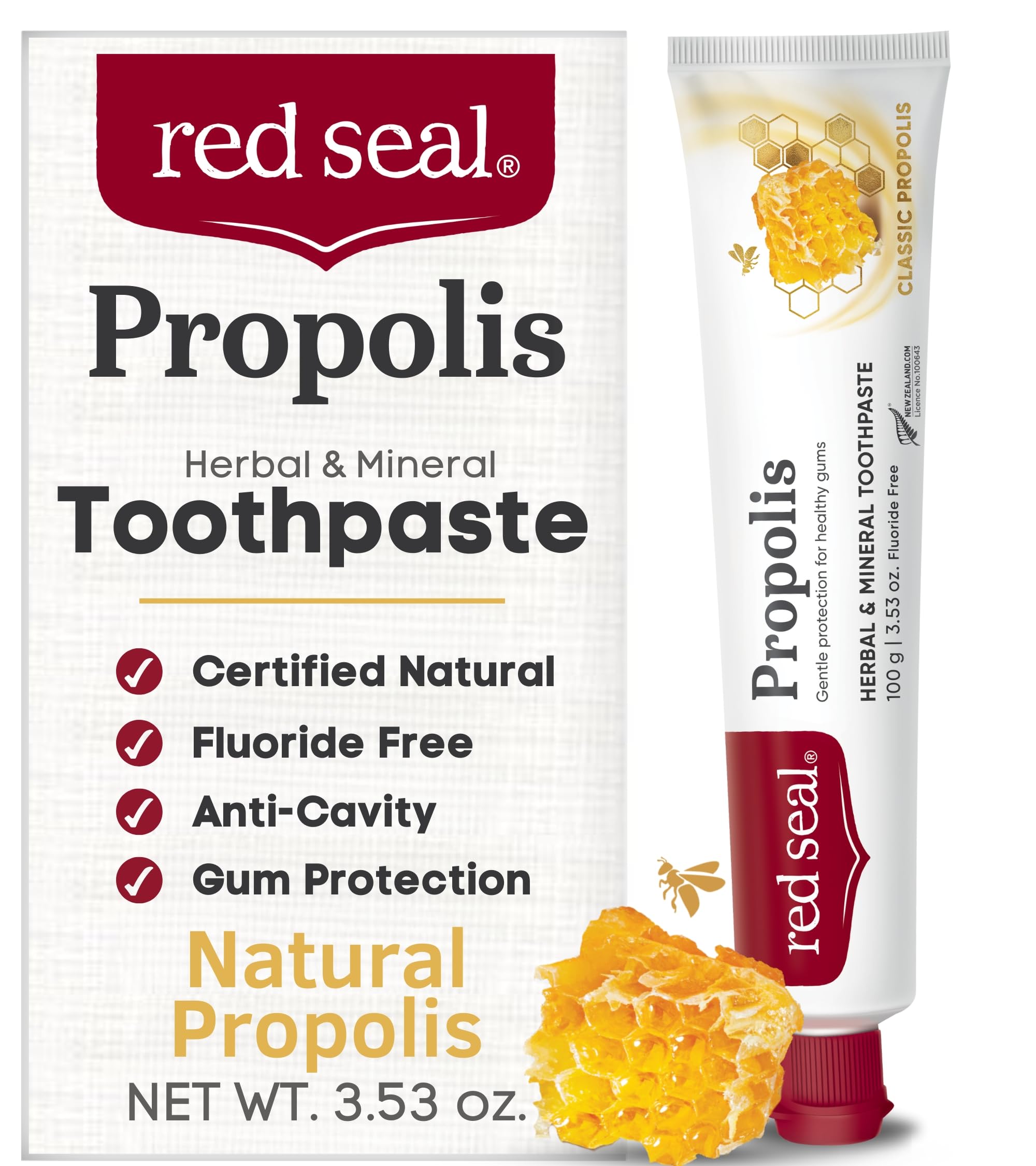 Red Seal Propolis Herbal & Mineral Natural Toothpaste - Mild Mint - Fluoride Free, Organic Toothpaste, NATRUE Certified Natural - Natural Gum Health, No Artificial Flavors, Cruelty-Free, 3.53 ozNatrue[Amazon-developed Certification] Compact by Design