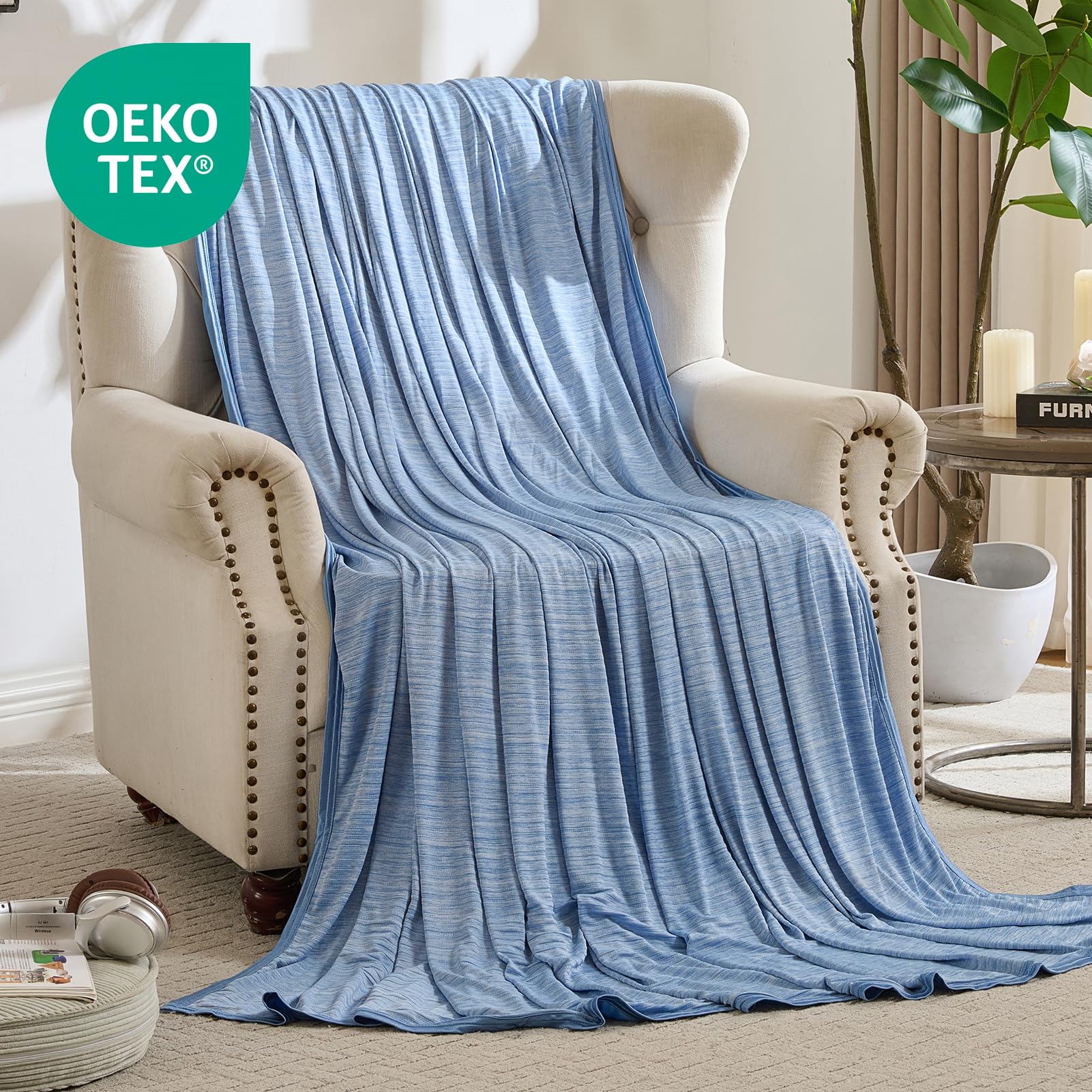 VK·LIVING Coperta refrigerante estiva double face con arc-chill giapponese 3.0 Q-Max ≥0,5, leggera, traspirante, rinfrescante, per letto, divano, viaggio, adulti, bambini, 200 x 220 cm, blu