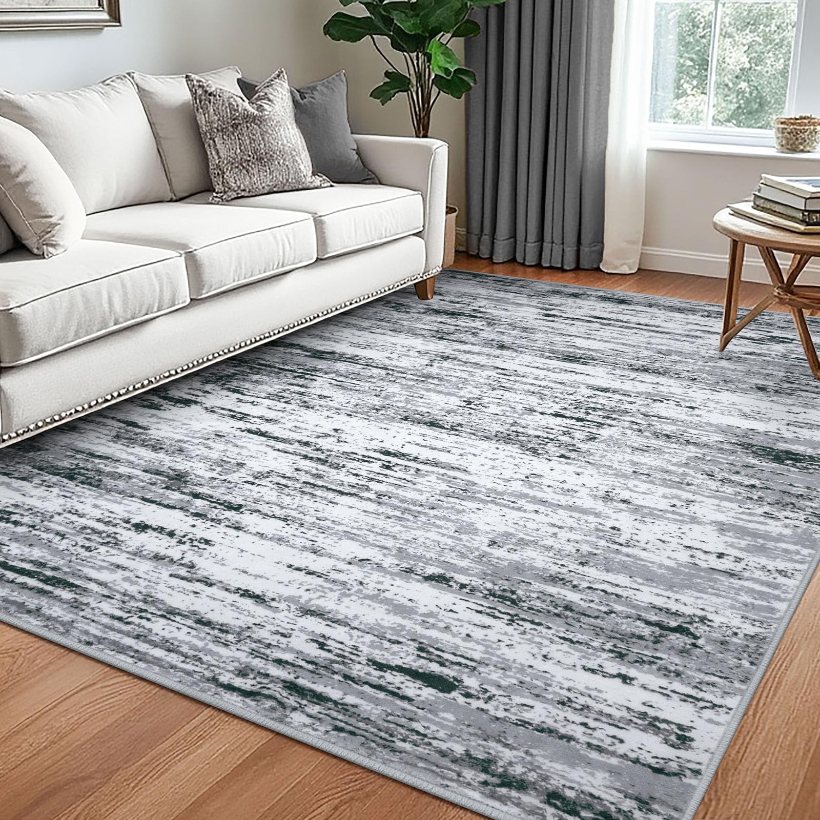 Lansny Modern Abstract 5x7 Machine Washable Area Rug Non-Slip Soft Bedroom Living Romm Rug Black Gray White Ultra Thin Print Faux Wool Floor Carpet