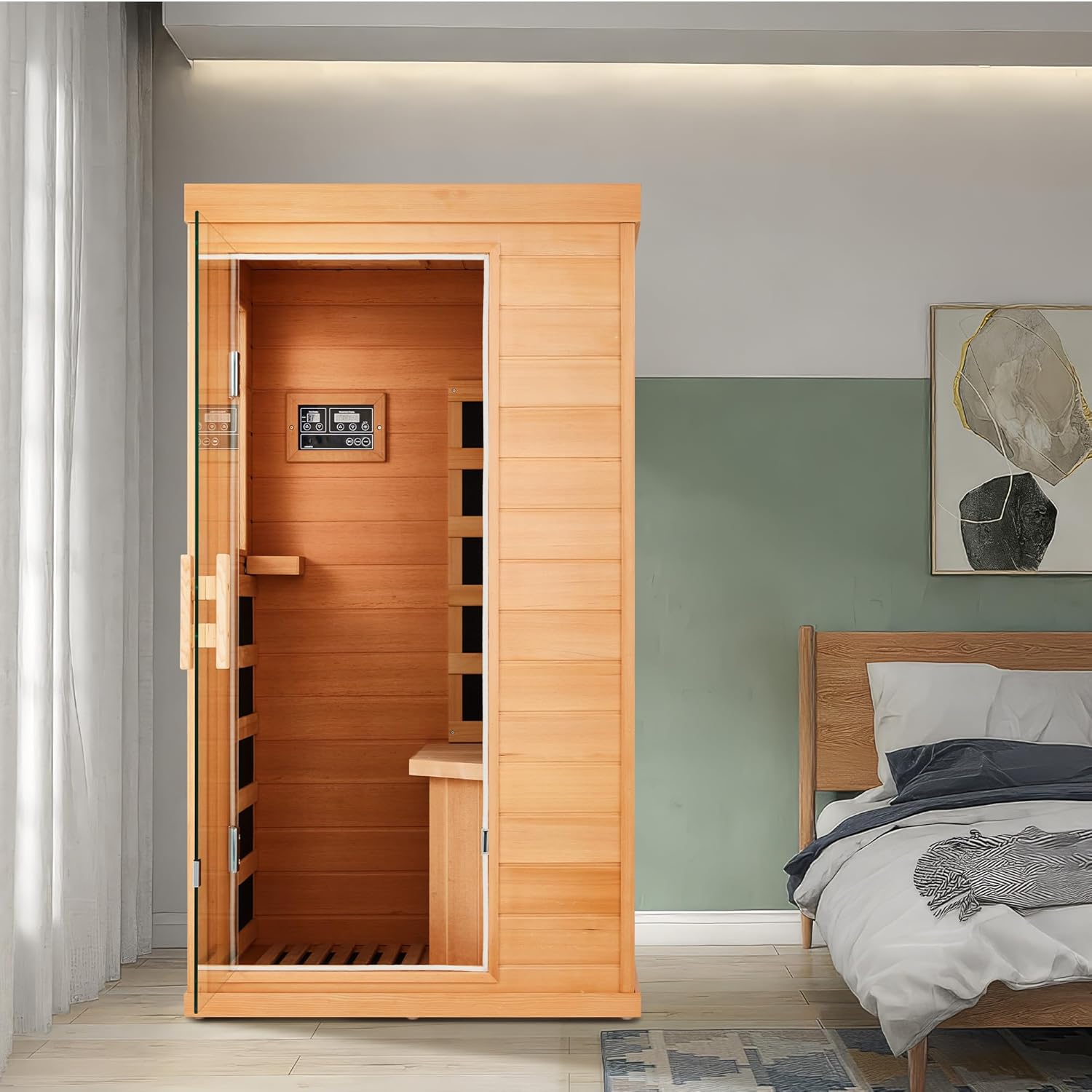 1 Person Infrared Sauna, Hemlock Wooden Home Saunas，Full Spectrum Mini Sauna with 4 Heater Panels, Bluetooth Speaker, Tempered Glass Door, Compact and Easy to Use, 110V