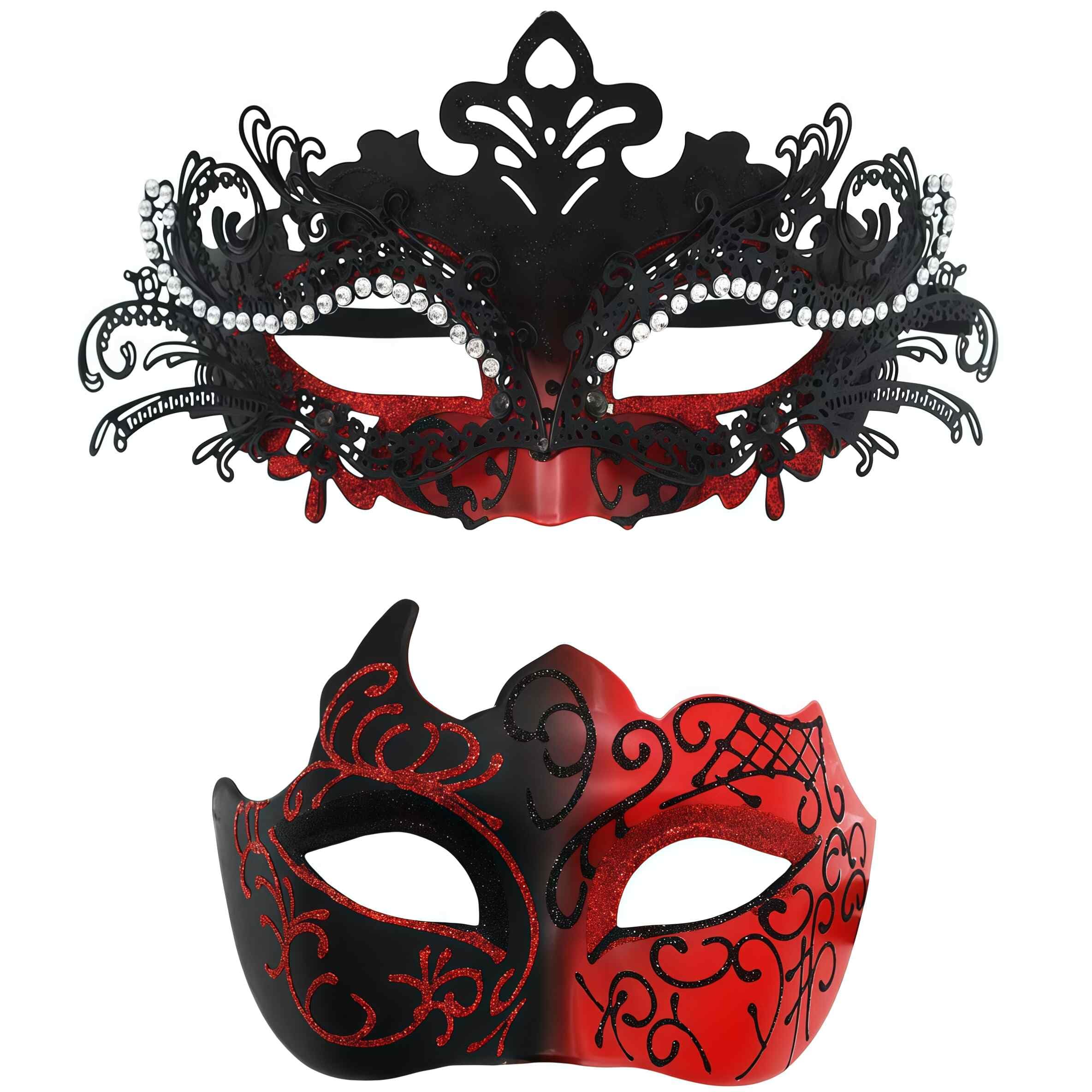 SHIFANQI 2 Pack Masquerade Mask for Women Men, Couples Rhinestone Venetian Ball Mask Set for Fancy Dress Party, Carnival, Ball, Wedding, Mardi Gras, Eye Mask Costume, Red
