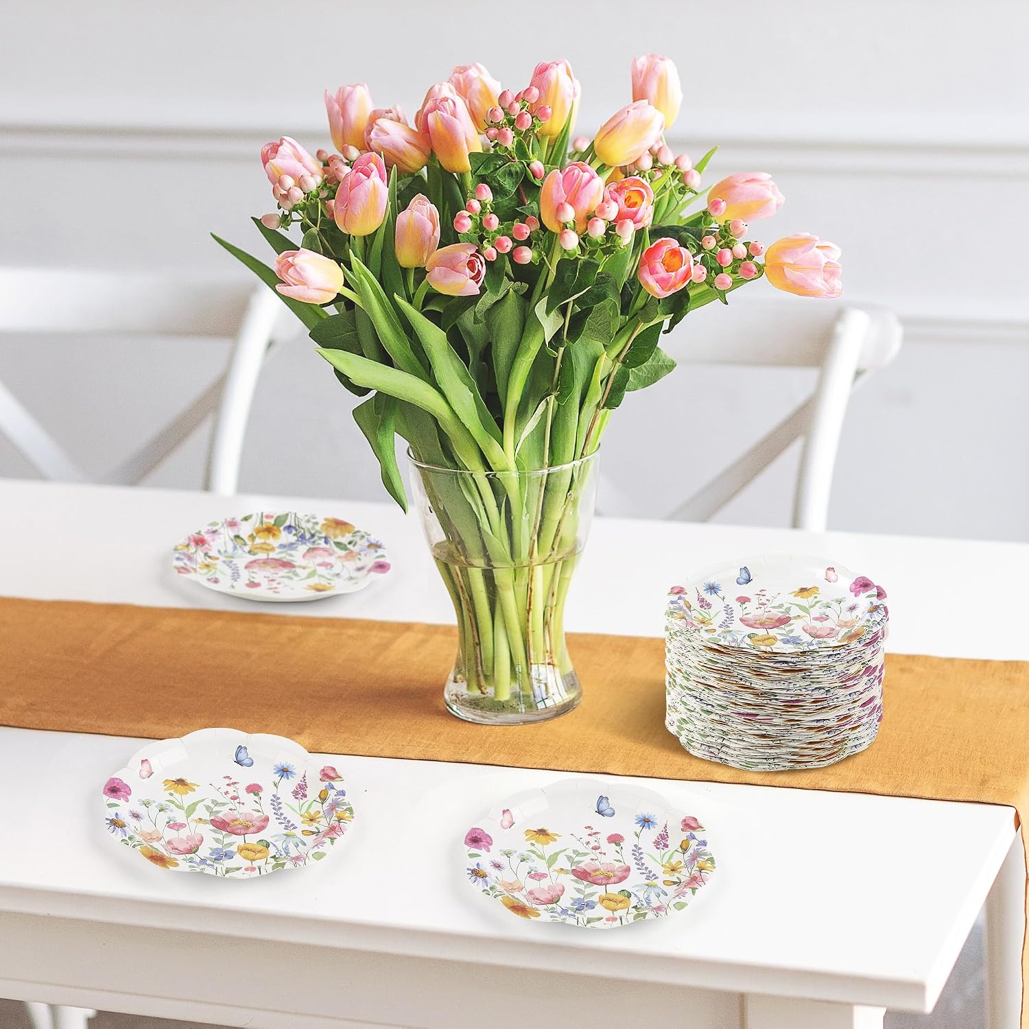 Kochorie 100 PCS Wildflower Paper Plate, 7 Inch Scalloped Party Plates, Disposable Floral Paper Plates, Floral Dessert Plate Bulk for Birthday Bridal Baby Shower Wedding Party Supplies