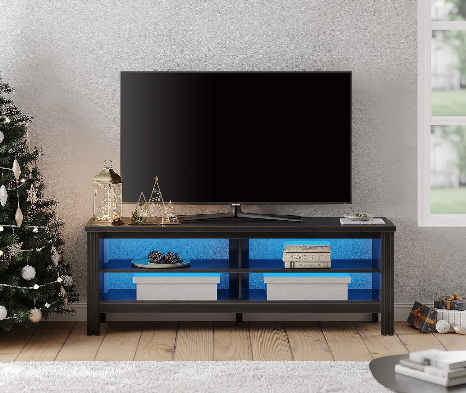 WAMPAT LED TV Stand for TVs up to 65 Inch, Black Entertainment Center for 55 inch TV Console Table with 6 Cubby Storage for Living Room Bedroom, 60''