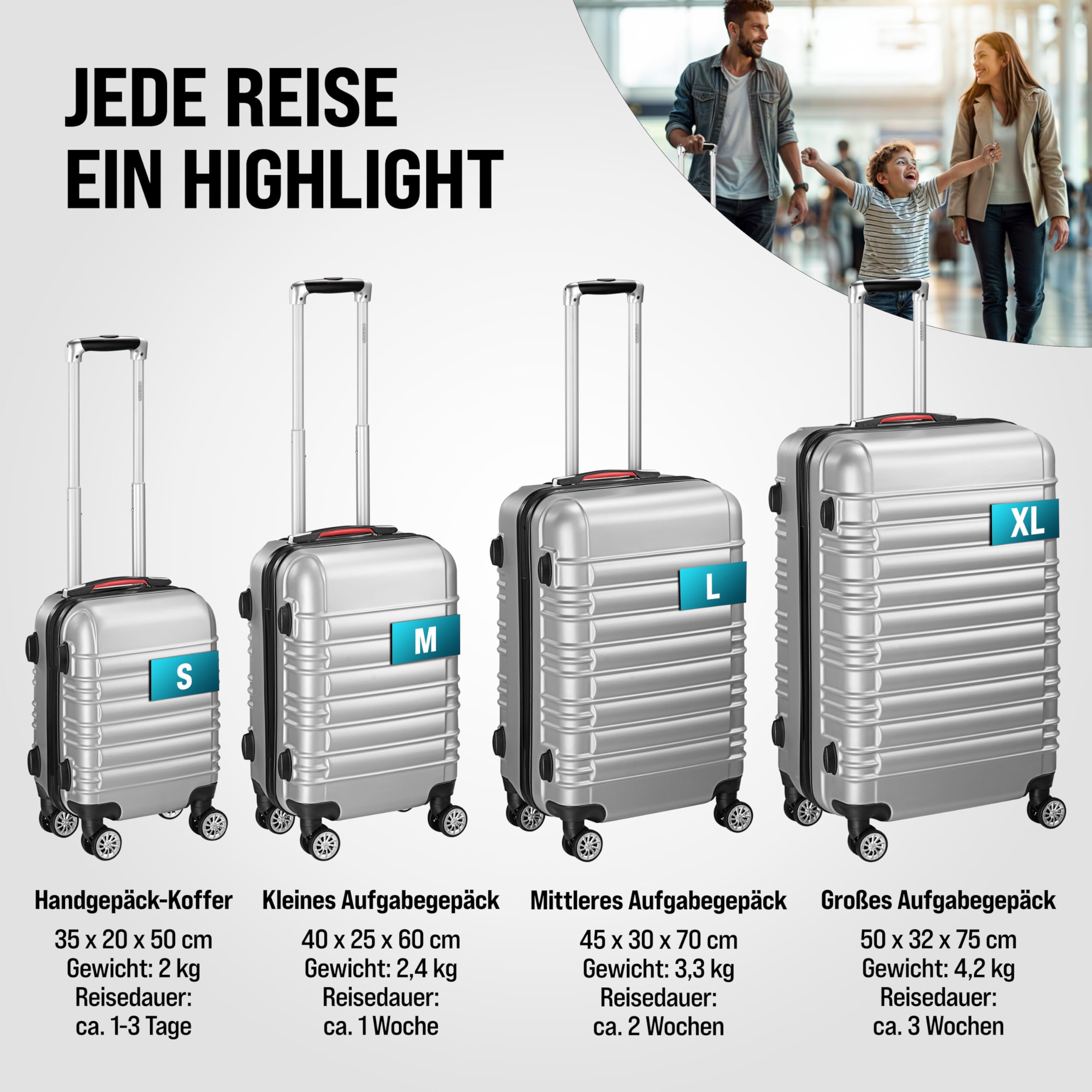 Monzana® 4tlg Kofferset Schloss Organizer Kofferwaage Gurt Gel-Griffe Zwillingsrollen Standfüße Trolley Reisekoffer Hartschale Koffer S-M-L-XL Silber