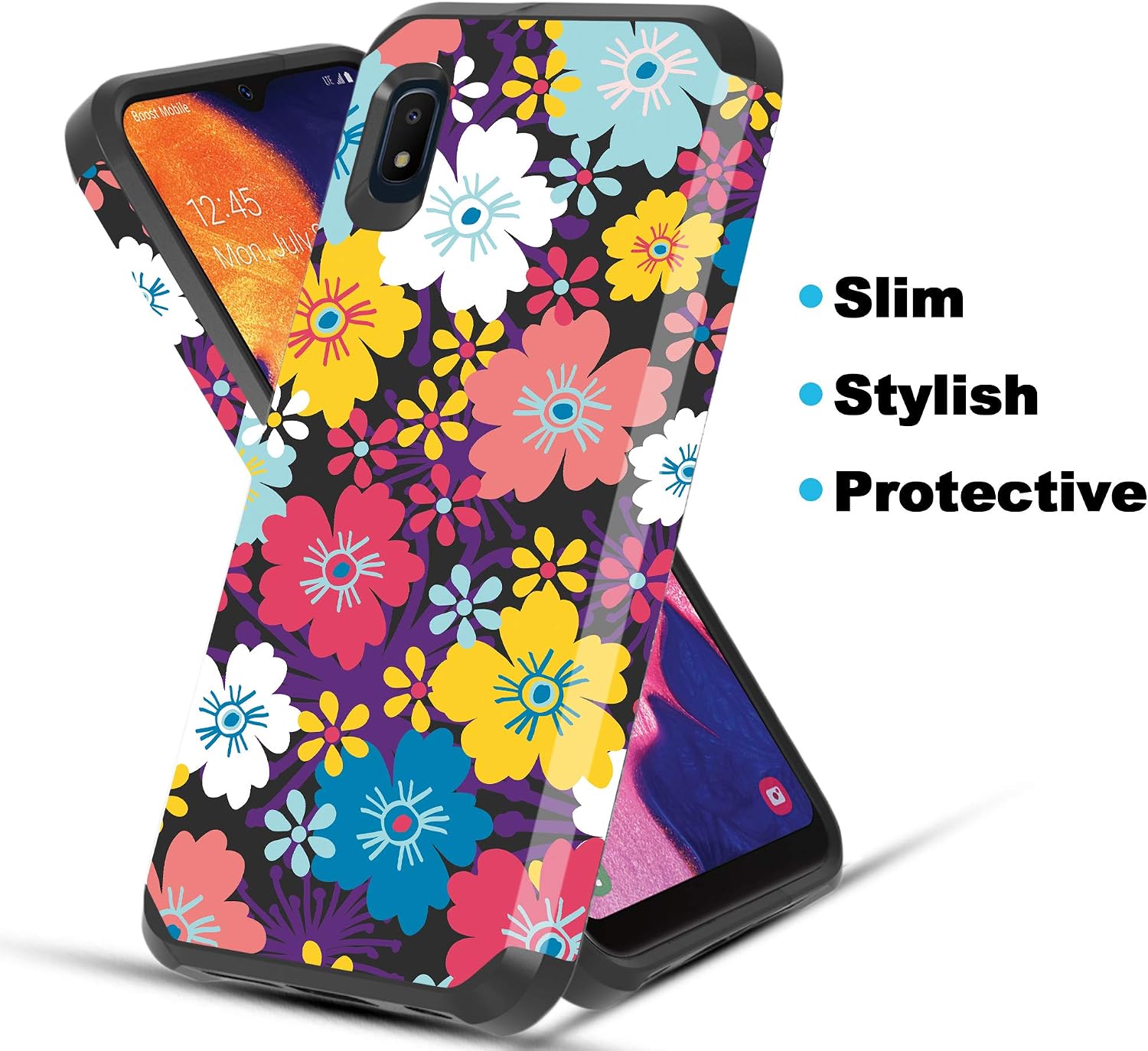 Townshop Galaxy A10E Case, Dual Layer Shockproof Hybrid Design Case with [Tempered Glass Screen Protector] for Samsung Galaxy A10E - Rainbow Flowers