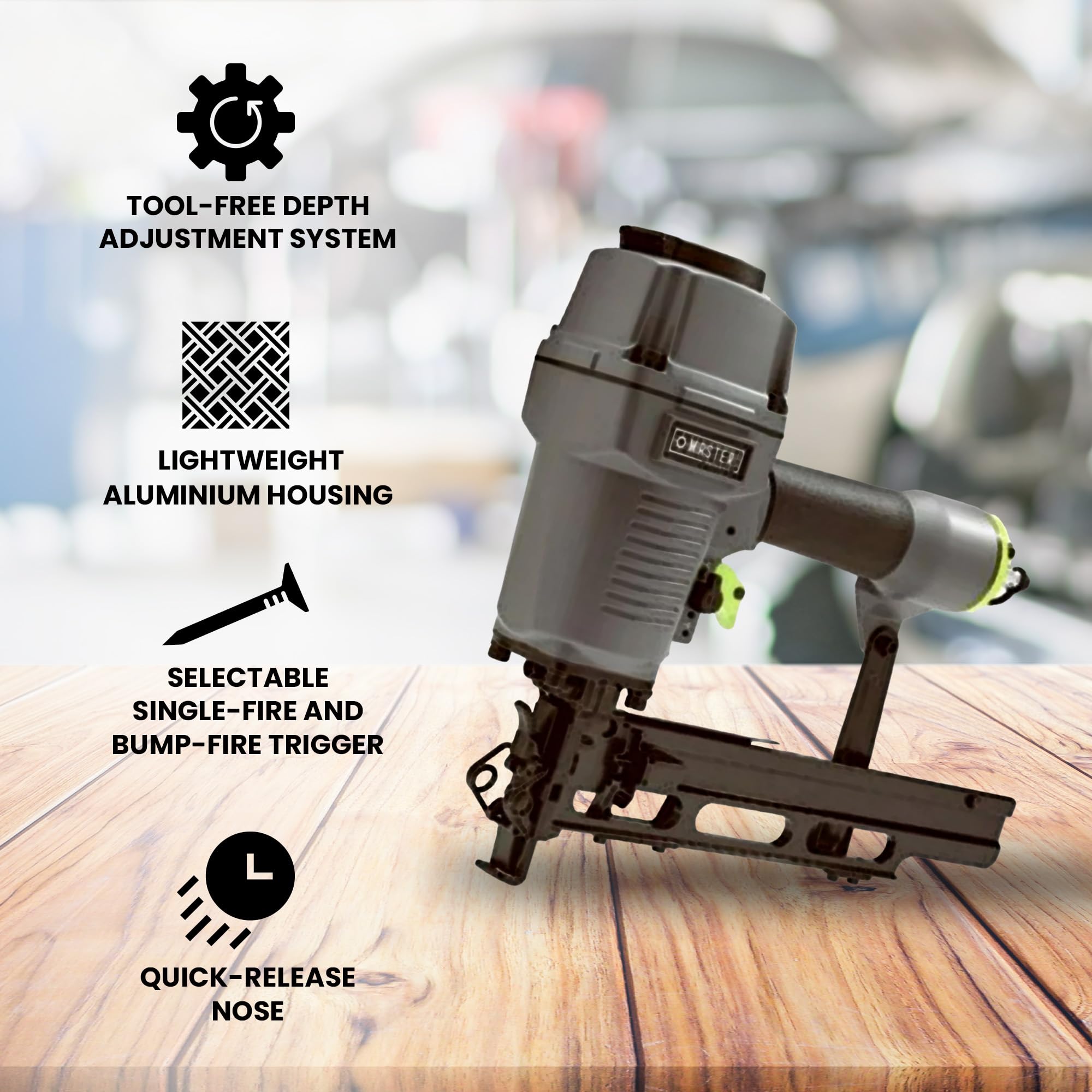 Master Mechanic Pneumatic 16 Gauge 7/16 Inch Medium Crown Upholstery Stapler with Tool Free Depth Adjustment System and Quick Release Nose