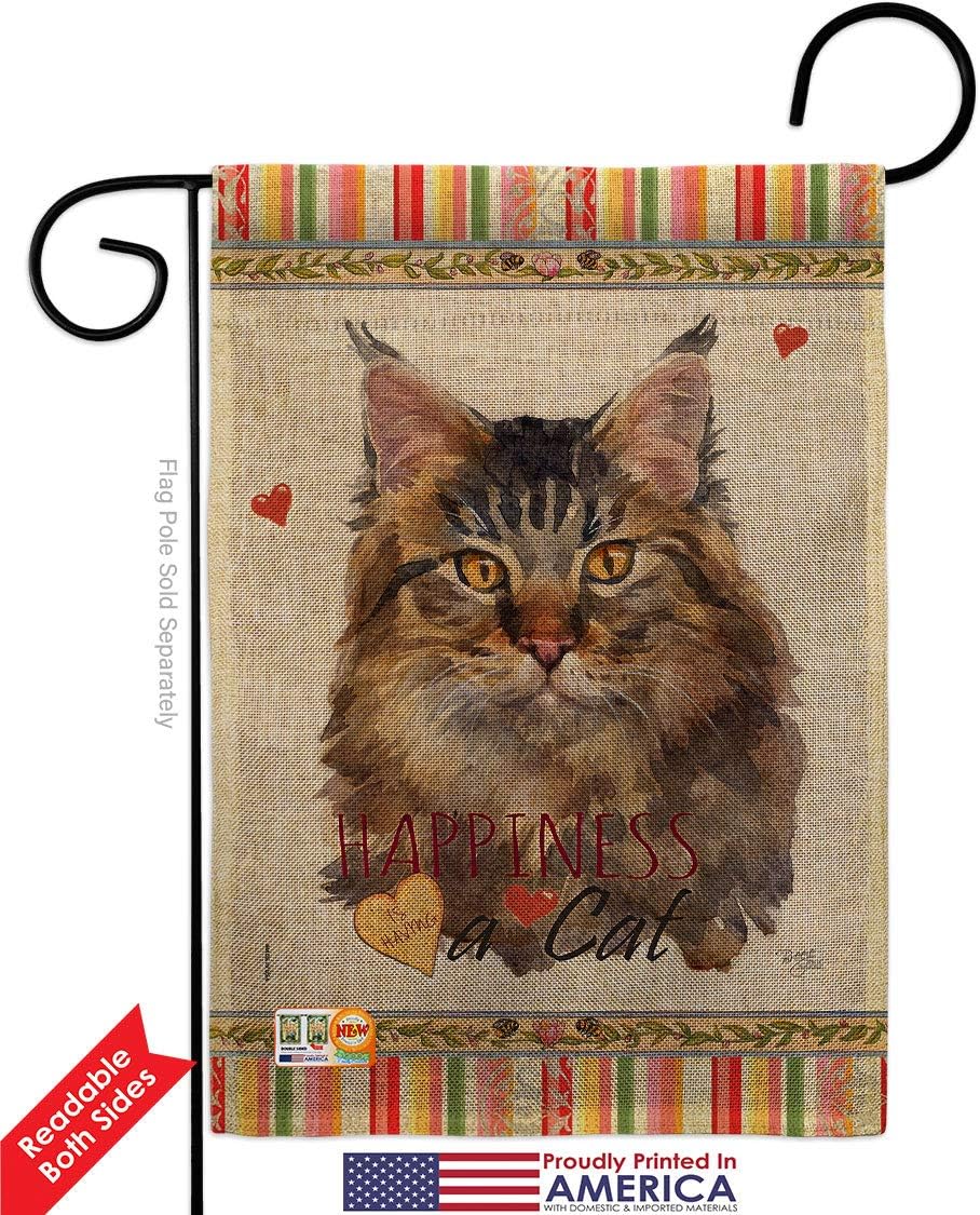 Maine Coon Happiness Burlap Burlap Garden Flag Set Wall Hanger Animals Cat Kitten Meow Spoiled Paw Fur Pet Nature Farm Animal Creature Small Gift Yard House Banner Double-Sided Made In USA 13 X 18.5