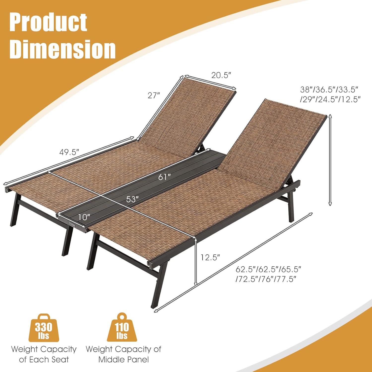 COSTWAY Patio 2-Person Chaise Lounge Chair 6-Position Back Adjust Middle Panel