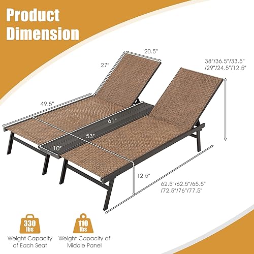 Miniatura 3 de Tangkula Tumbona doble para patio, resistente a la intemperie, 6 posiciones, ajustable, tela transpirable, con soporte para tazas, para piscina,