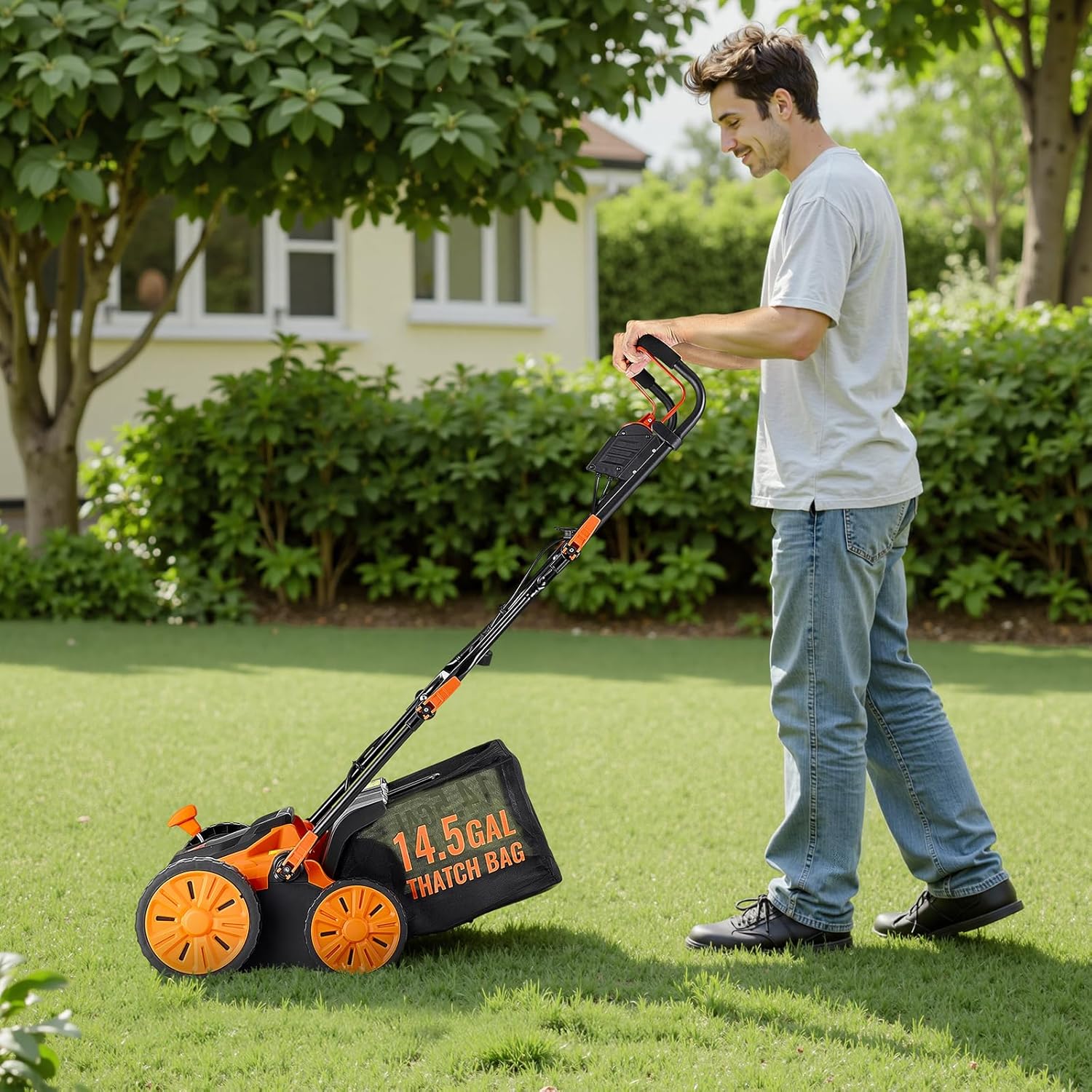 VEVOR 2-in-1 Electric Dethatcher and Scarifier, 16-Inch 15 Amp, Corded Lawn Dethatcher with 14.5-Gallon Thatch Collection Bag, 5-Position Depth Adjustment, Walk Behind Machine for Garden Yard Grass