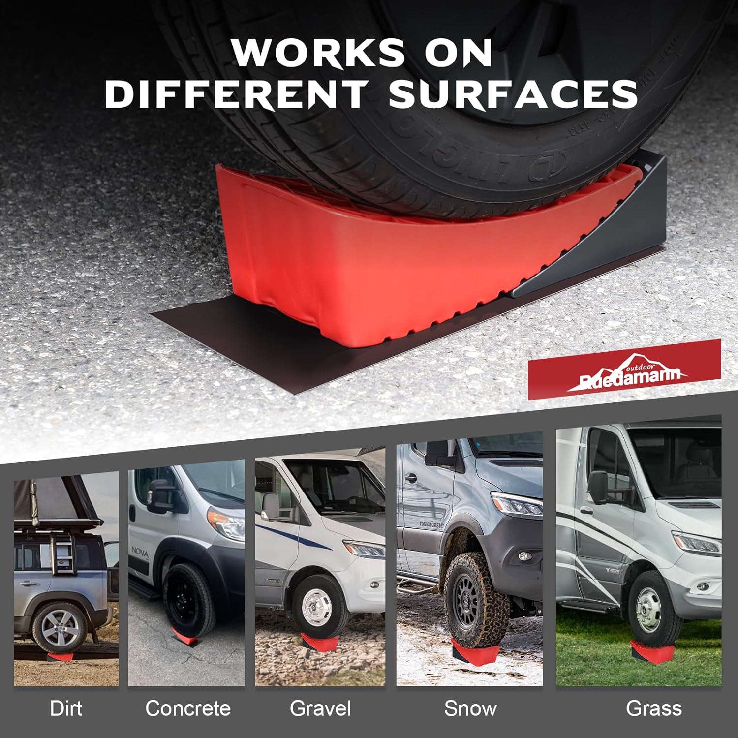 Ruedamann RV Leveling Blocks, Up to 35,000 lbs，Camper Leveler System for Travel Trailers 2 Packs RV Curved Levelers with 2 Wheel Chocks, 2 Non-Slip Mats with Carry Bag, Red