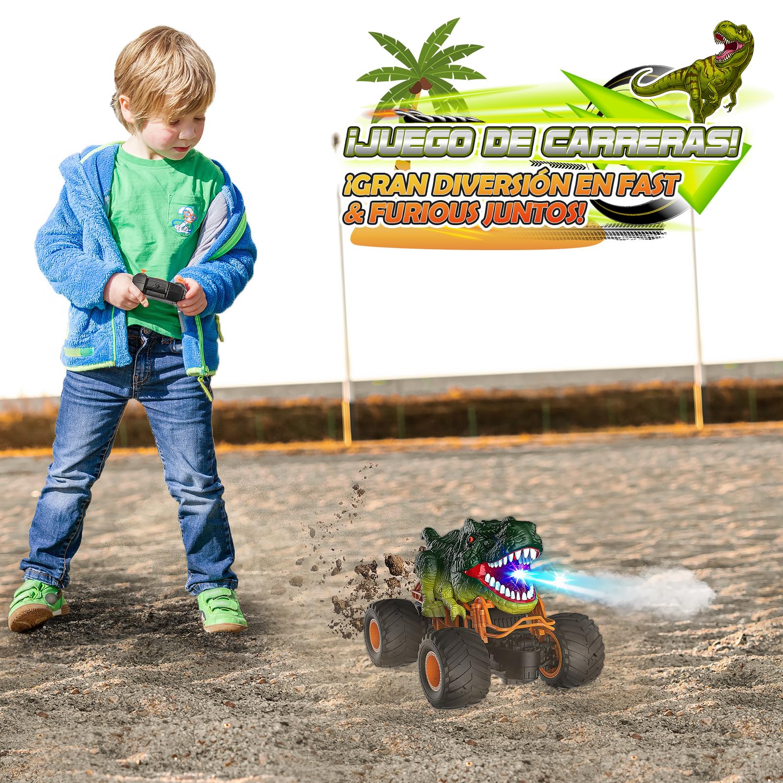 HappyGoLucky Coche Teledirigido, Monster Truck Juguetes Niños 3-10 Años Coches para Niños Juegos Regalo Niño 4-12 Años Dinosaurios Juguetes Regalo Cumpleaños Niños, Regalo Navidad Niño