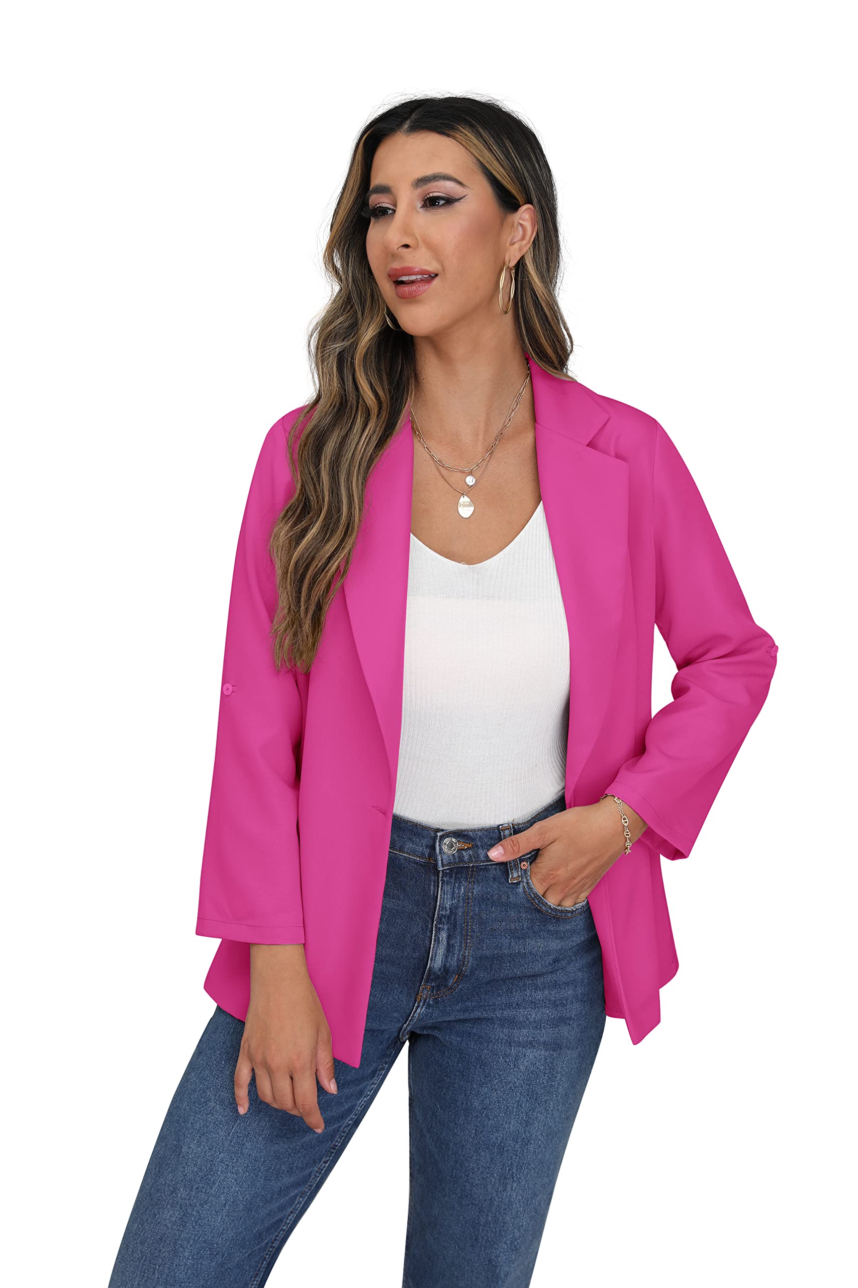 PrinStory Americana abierta para mujer, chaqueta de manga ajustable con botones y bolsillos
