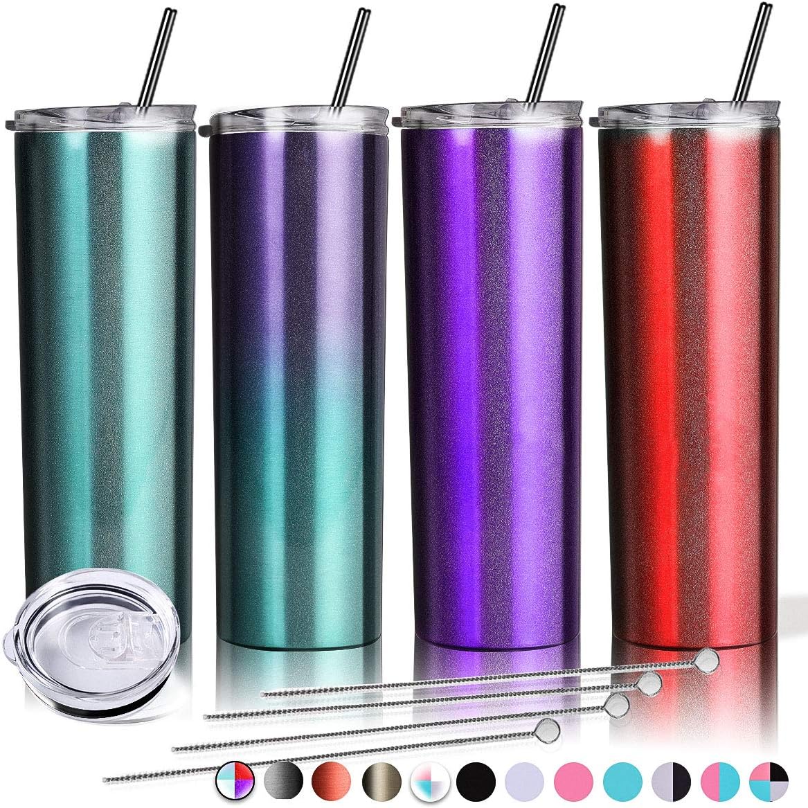 ZONEGRACE 4 Pack Skinny Tumbler 20 oz Stainless Steel Double Wall Insulated Sparkly Water Tumbler Cup With Lid and Straw,Vacuum Shiny Travel Tumbler Gift for Men and Women