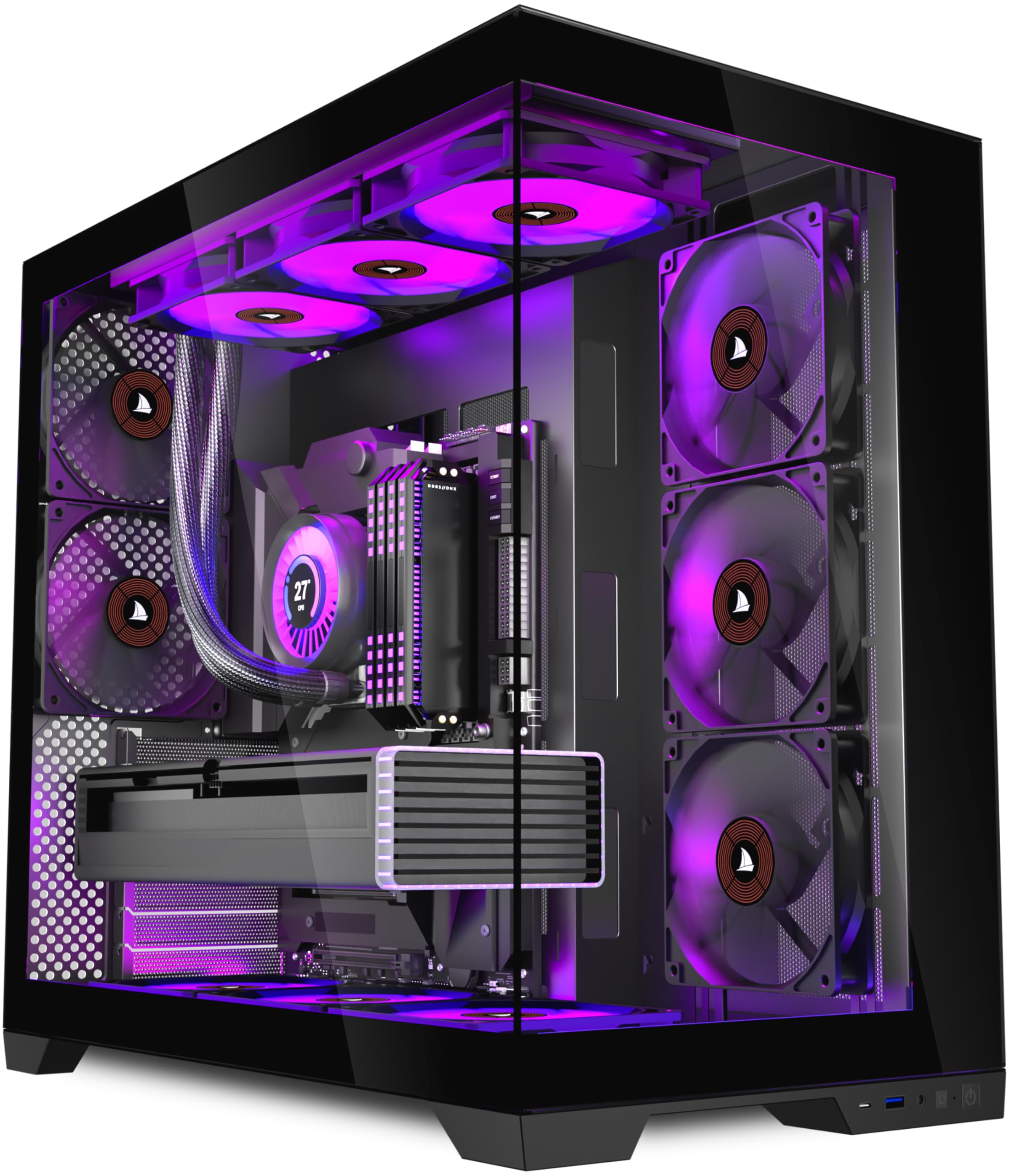 KEDIERS - Caja de ordenador con 5 ventiladores preinstalados, caja de juego ATX Mid Tower - Caja de ordenador con parte lateral abierta de cristal templado negro