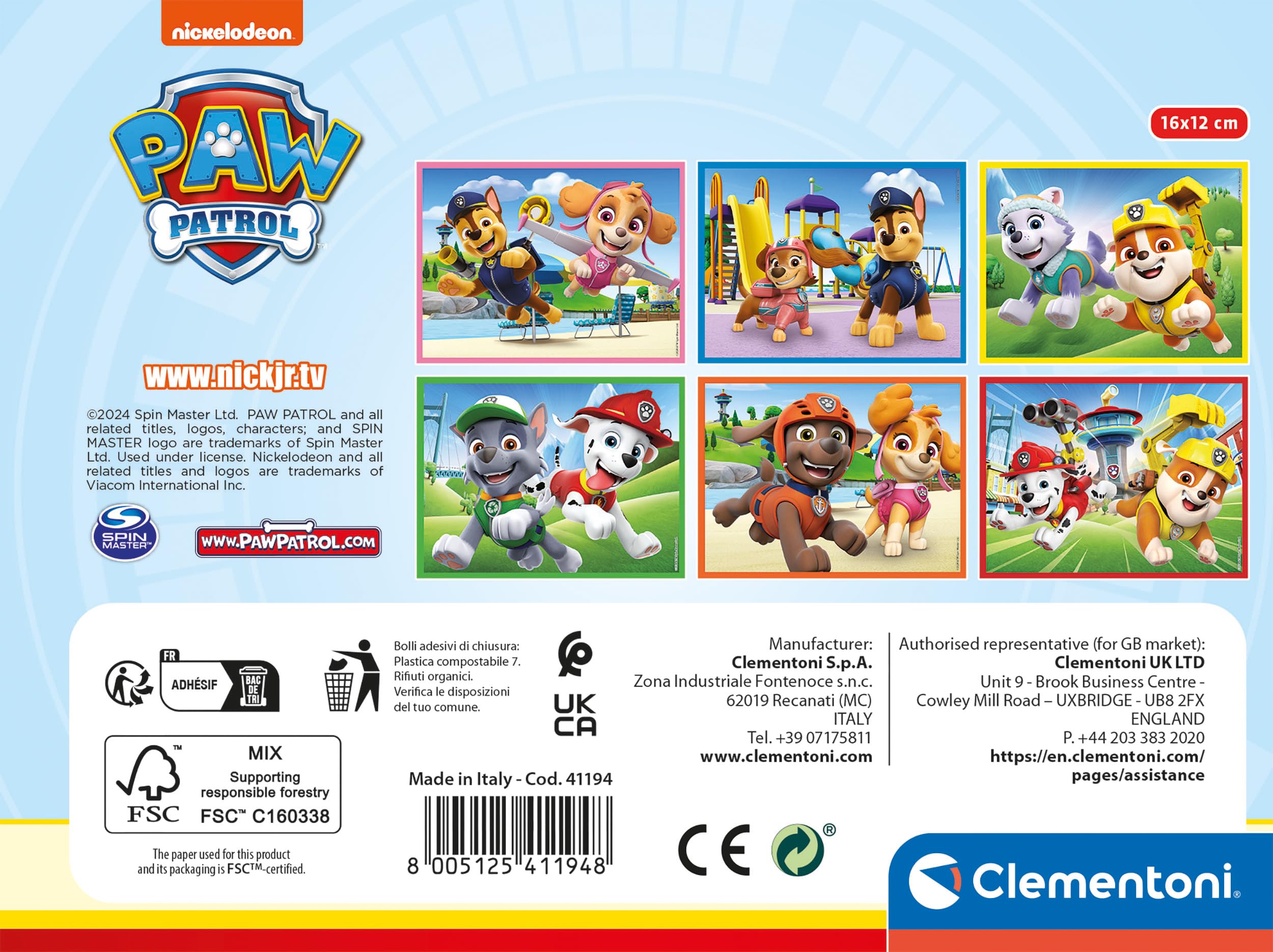Clementoni Patrol - 12 sztuk dla dzieci 3 lata, kreskówki, puzzle, wyprodukowano we Włoszech, kolor Psi Patrol 12 kostek, 41194