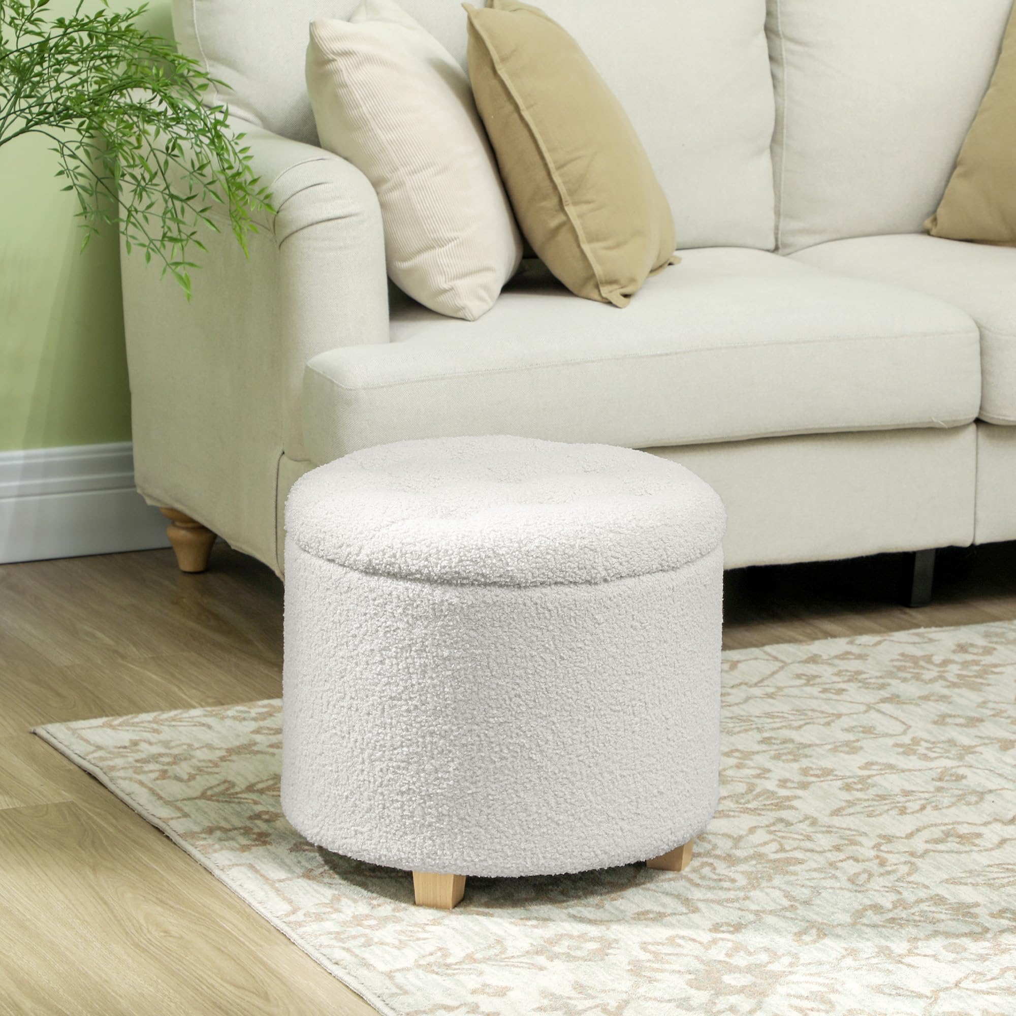HOMCOM Pouf Coffre Rangement, Tabouret Rond, Pouf Repose-Pieds en Tissu Bouclette, pour la Chambre à Coucher, entrée, Salon, Charge 120 Kg, Ø 45 x 41 cm, Blanc