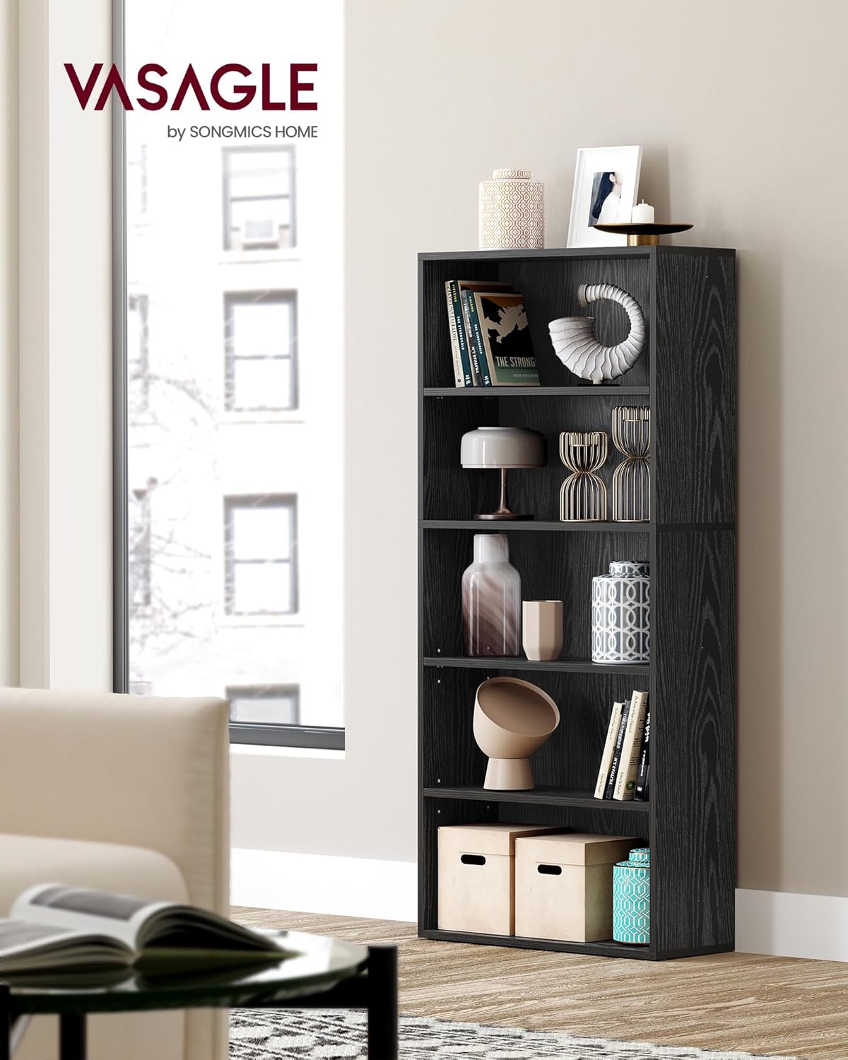 VASAGLE CUSTOS Collection - Bookshelf, 5-Tier Bookcase, Book Shelf, Open Storage Shelf, 9.4 x 23.6 x 52.5 Inches, for Living Room, Home Office, Dining Room, Ebony Black ULBC165T56