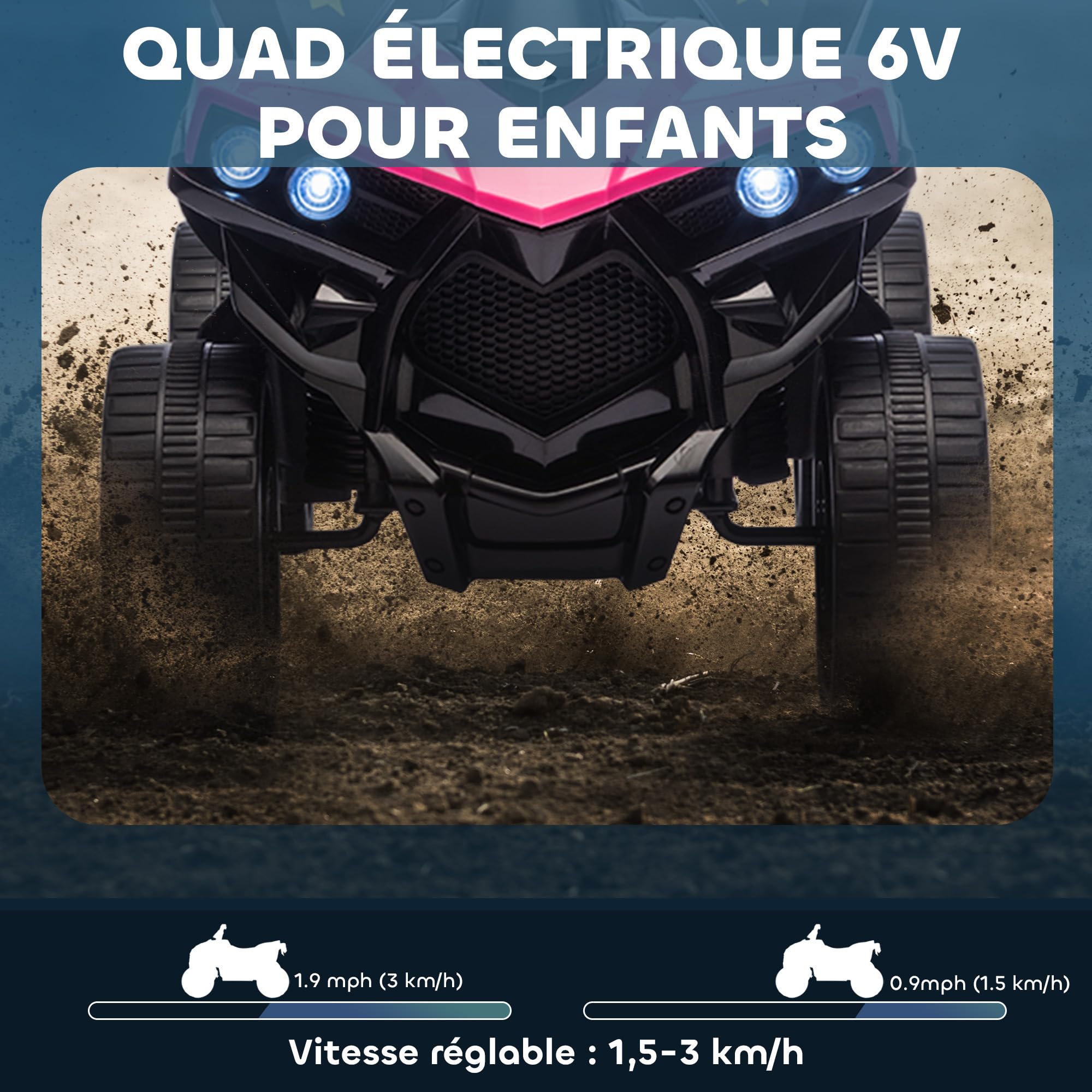 AIYAPLAY Quad Électrique Enfant 6V Musique et Phares LED 1,5-3 km/h Rose