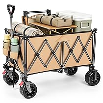 YEAUPE PRO Carrello Pieghevole e da Spiaggia – Con doppi freni anteriori, doppia forcella rinforzata e ruote grandi, Manico regolabile, Per campeggio e giardino – 150kg, 200L, Cachi