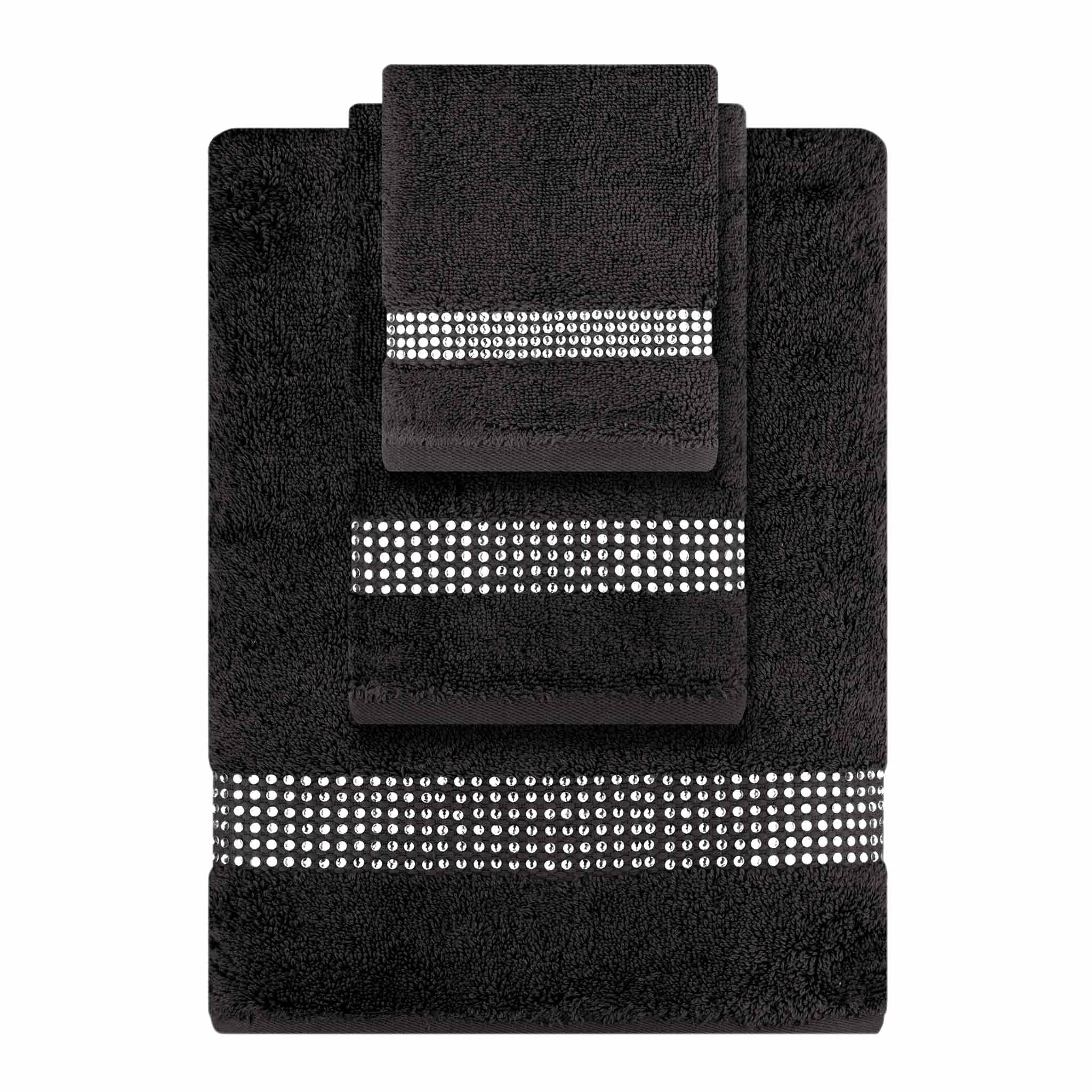 3 Piece Towel Set with Stripe Design, Durable, Sparkling Rhinestones on Cotton Terry Cloth, for Sophisticated Bathroom Decor, Black, One Bath, One Hand, One Tip Towel