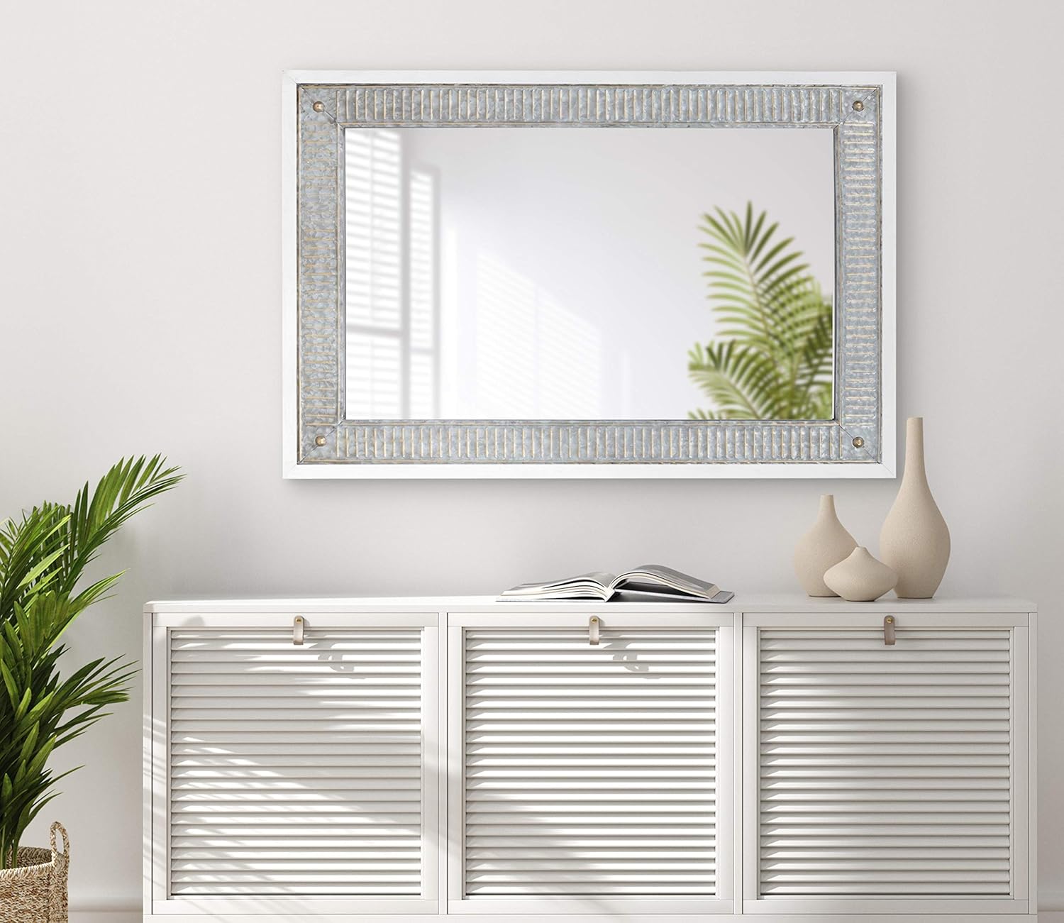 Kate and Laurel Deely Farmhouse Wall Mirror, 27 x 39, White and Silver, Rustic Wall Decor with Galvanized Metal Frame