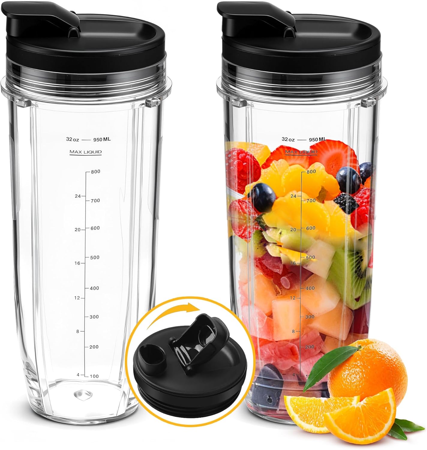 2Pcs Replacement 32oz Blender Cup with Sip & Seal Lid Compatible with Nutri Ninja BL450 BL454 Bl455 BL456 BL480 BL481 BL482 BL490 BL640 BL642 BL682 SS101 SS401 SS351 Nutri Ninja Auto IQ Series Blender