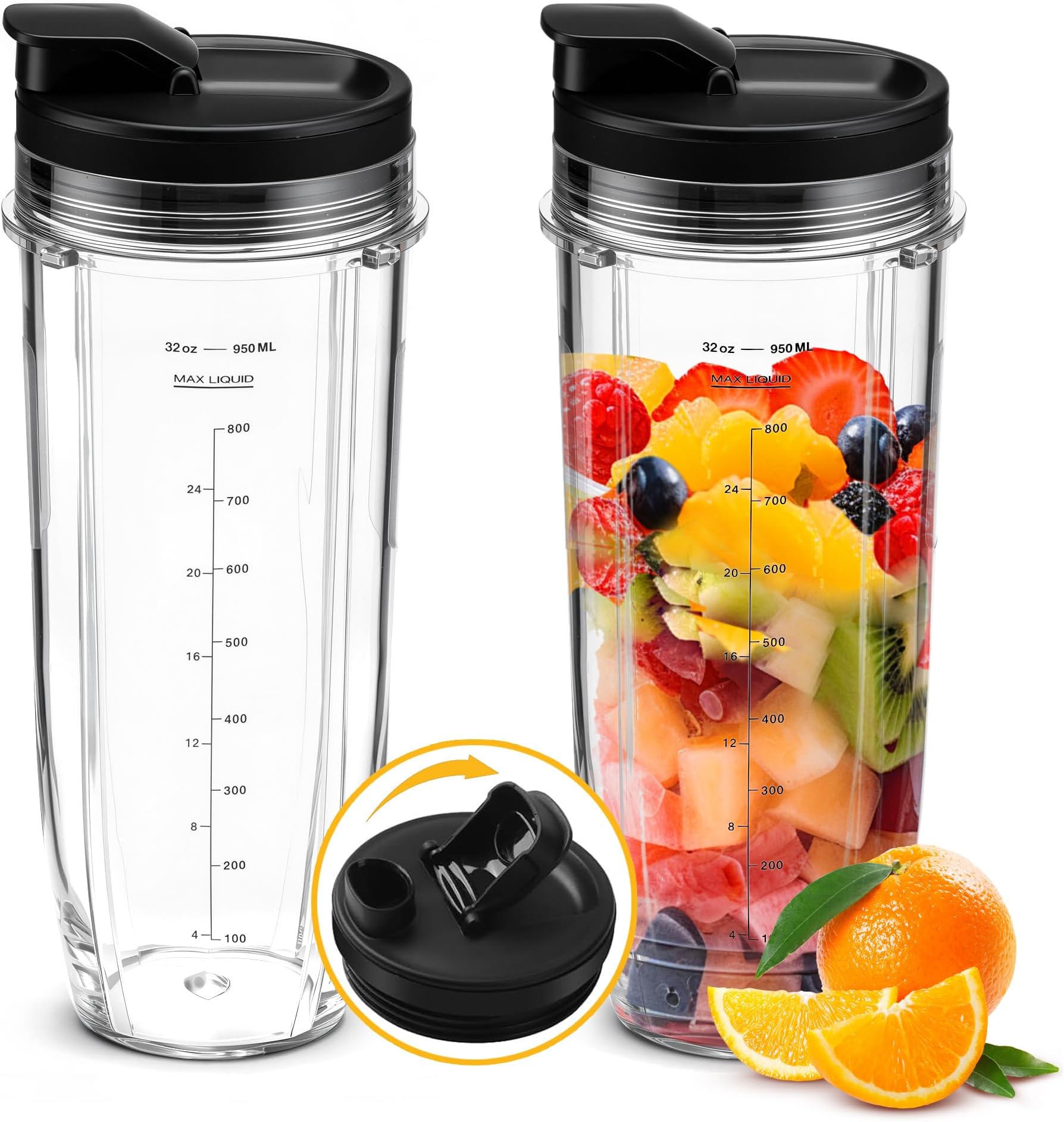 2Pcs Replacement 32oz Blender Cup with Sip & Seal Lid Compatible with Nutri Ninja BL450 BL454 Bl455 BL456 BL480 BL481 BL482 BL490 BL640 BL642 BL682 SS101 SS401 SS351 Nutri Ninja Auto IQ Series Blender