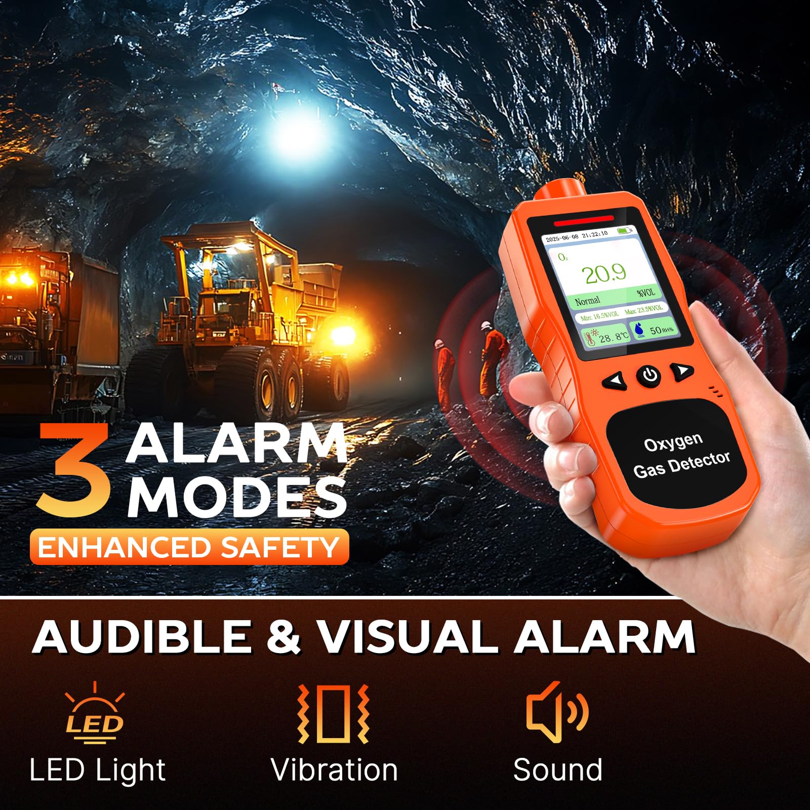 Detector de Oxígeno Portátil 0-30% Vol, Monitor de O2 Recargable con Alarmas, Medidor de Calidad del Aire y Oxígeno Que Mide Temperatura y Humedad para Uso Interior y Exterior