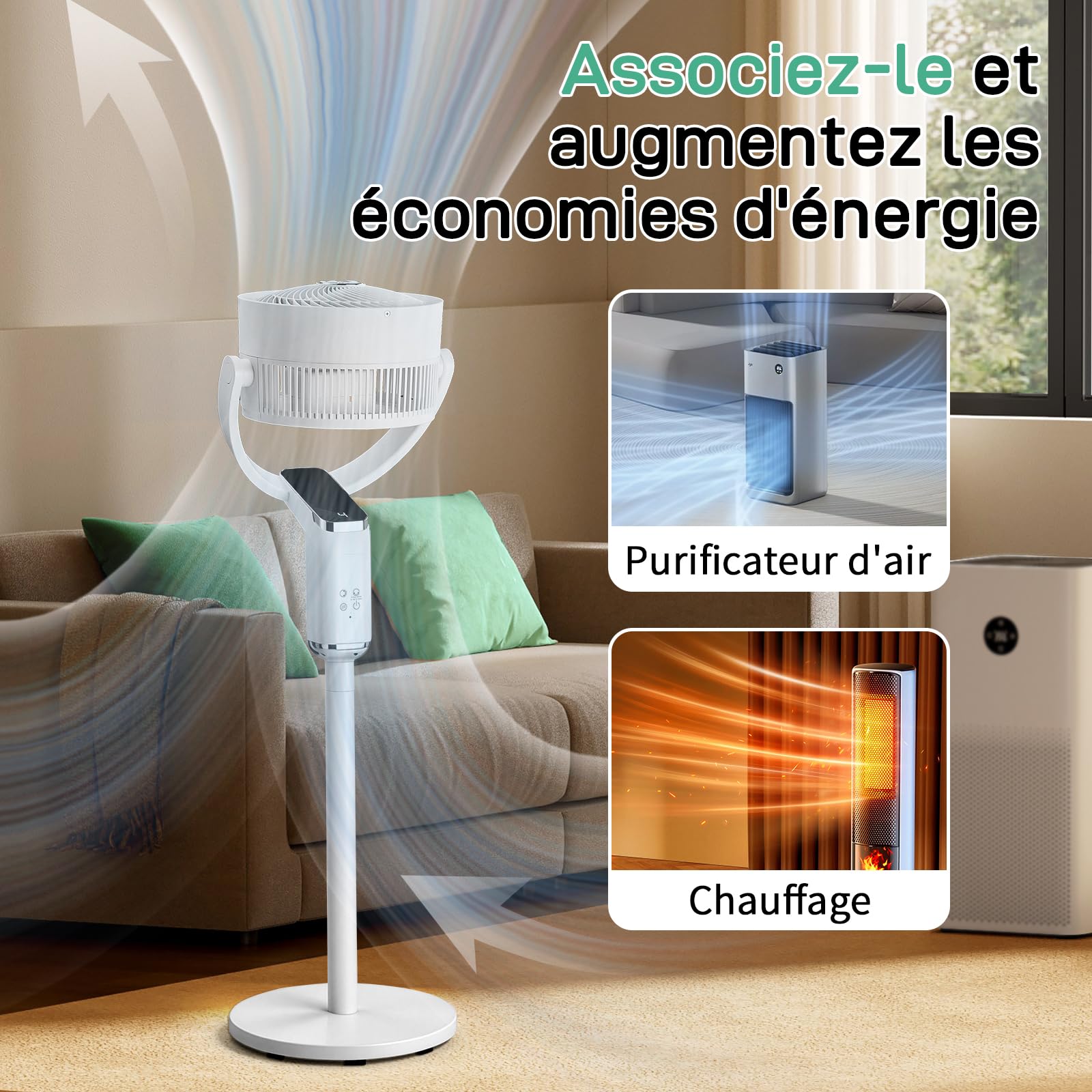 LEADZM Standventilator, leise, leistungsstark, omnidirektionale Oszillation 90 ° + 120 °, Höhe 62 – 110 cm, 8 Geschwindigkeitsstufen, Timer 15 Stunden (112 cm)