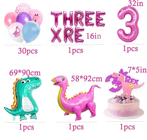 Miniatura 2 de Dino Rex - Decoraciones para fiesta de cumpleaños de tres niñas, suministros de dinosaurio rosa
