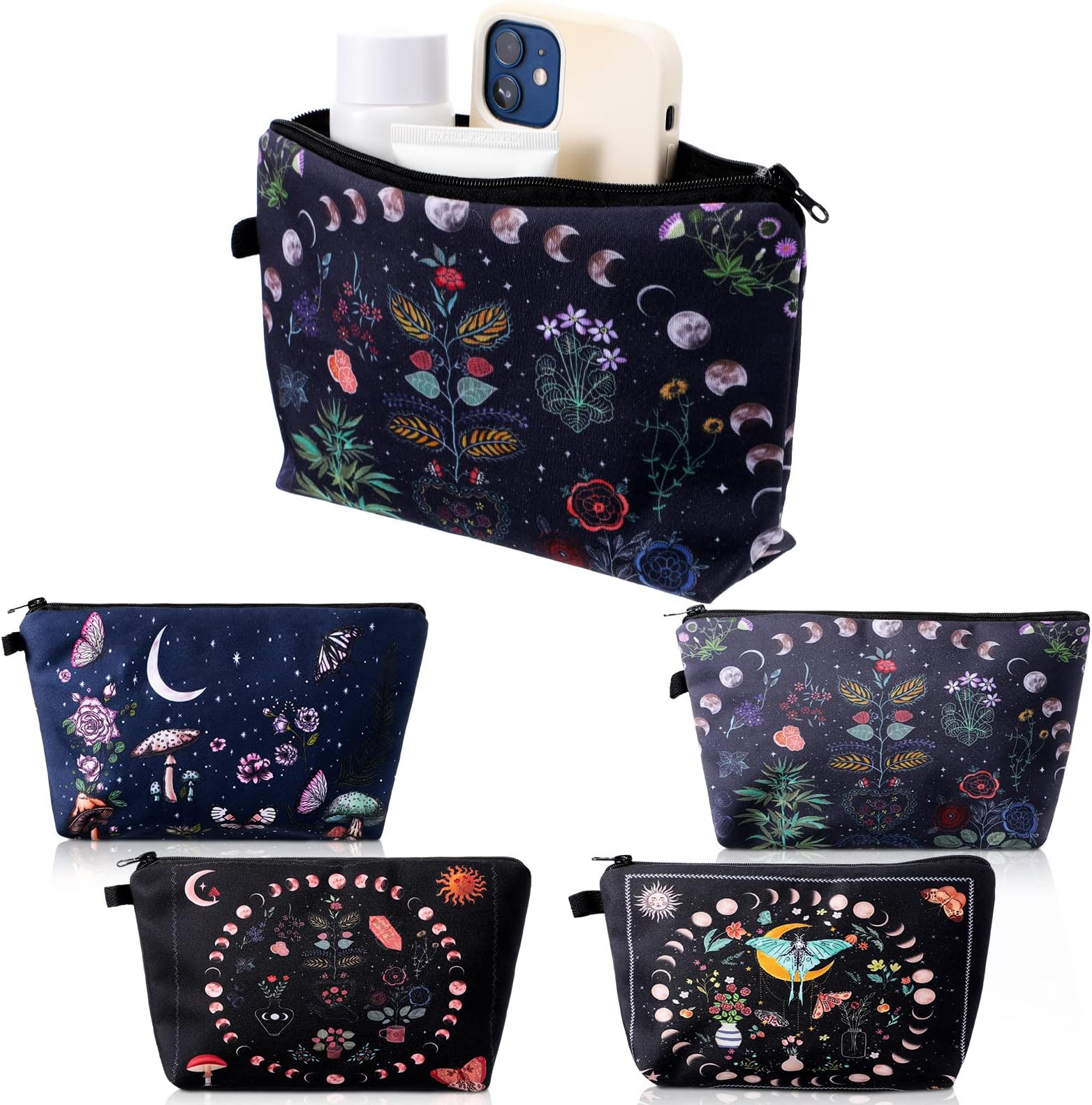 Xuniea 4 Pcs Christmas Small Witch Makeup Bag Gifts for Women, Friends, Mushroom Hostess Cosmetic Bag with Zipper Mother Day Birthday Gifts Moon Girls Pouch, Tarot Card Goth Travel Holiday Purse