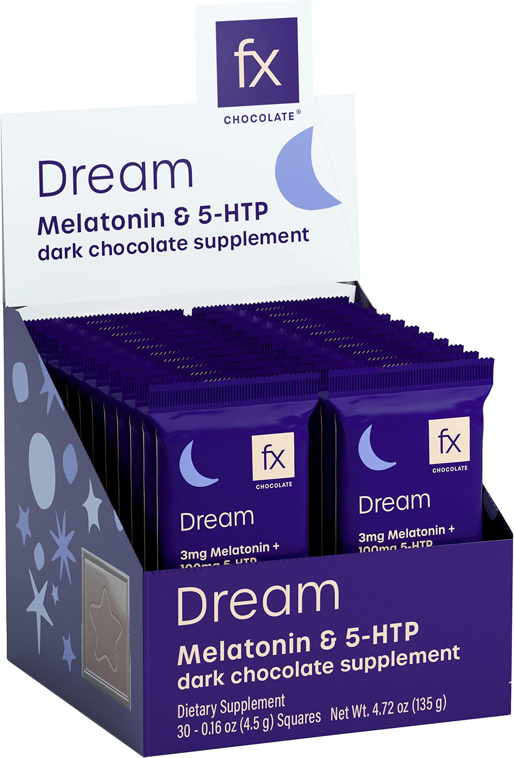 Fx Chocolate Dream - Chocolate Supplement to Support Stress Response, Relaxation + Calm - Dark Cacao with Melatonin + 5-HTP - Keto Dark Chocolate - Sugar-Free, Vegan + Non-GMO (30 Pieces)