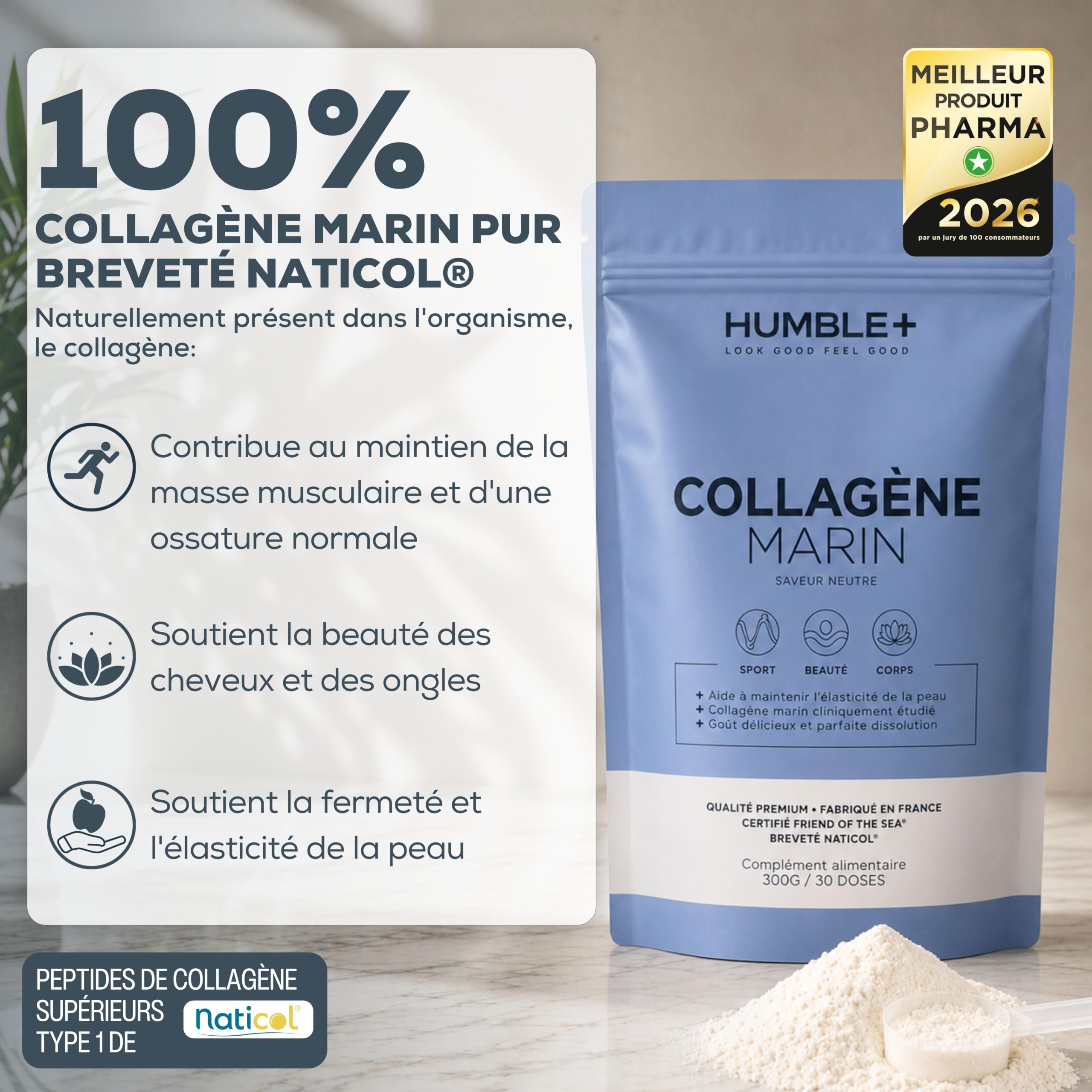 HUMBLE+ Collagène Marin Naticol® en Poudre Saveur Neutre - Peptides de Collagène Type 1-300 g - 60 Portions - Collagène Marin Français