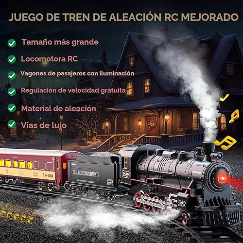 Miniatura 3 de Hot Bee Juego de tren para niños, juegos de tren de aleación a control remoto con locomotora de vapor, autos y pistas iluminados, juego de trenes