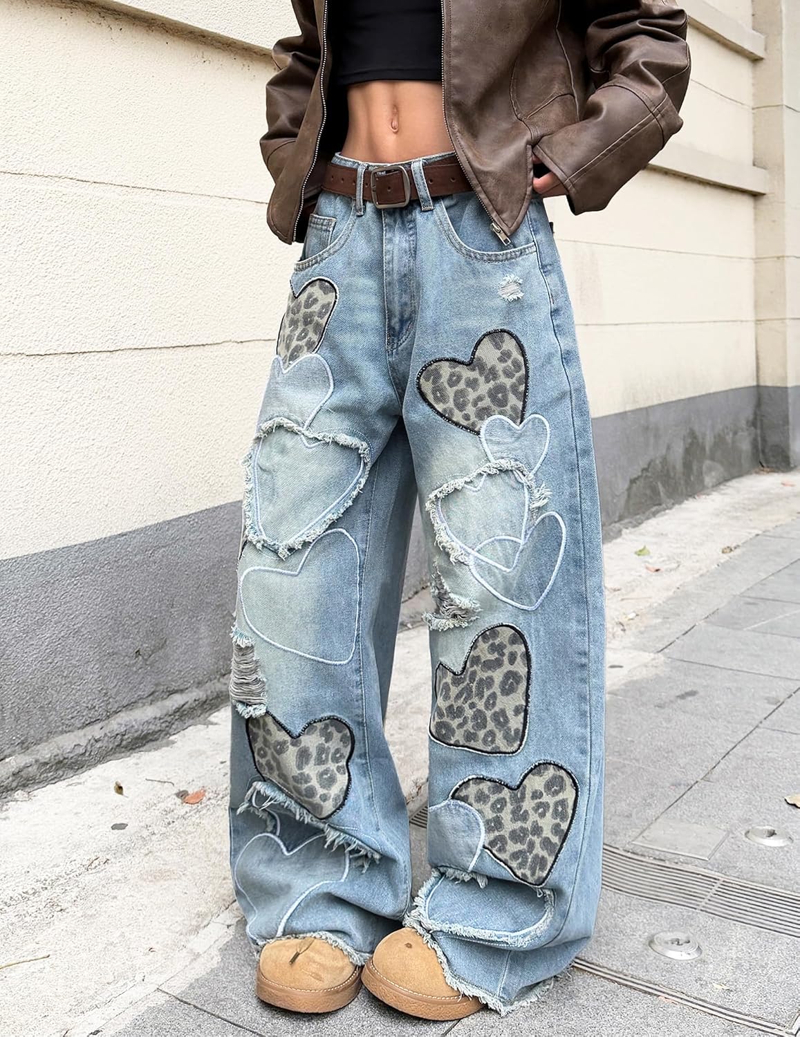 Baggy Jeans for Women Heart Patchwork Leopard Wide Leg Jeans Vintage Ripped Y2K Denim Pants