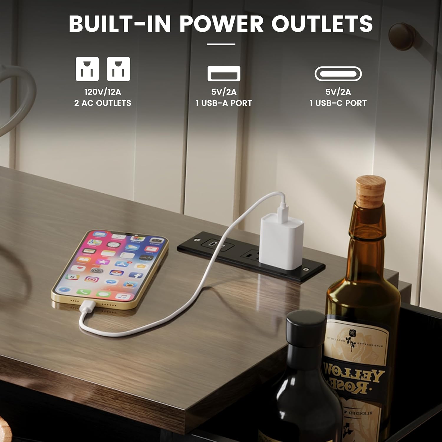 COCO DESIGN 58" Rolling Kitchen Island with Power Outlet, LED Light, Drop Leaf & Storage, Mobile Kitchen Cart with Trash Cabinet, Spice Rack & Towel Rack, Classic Black