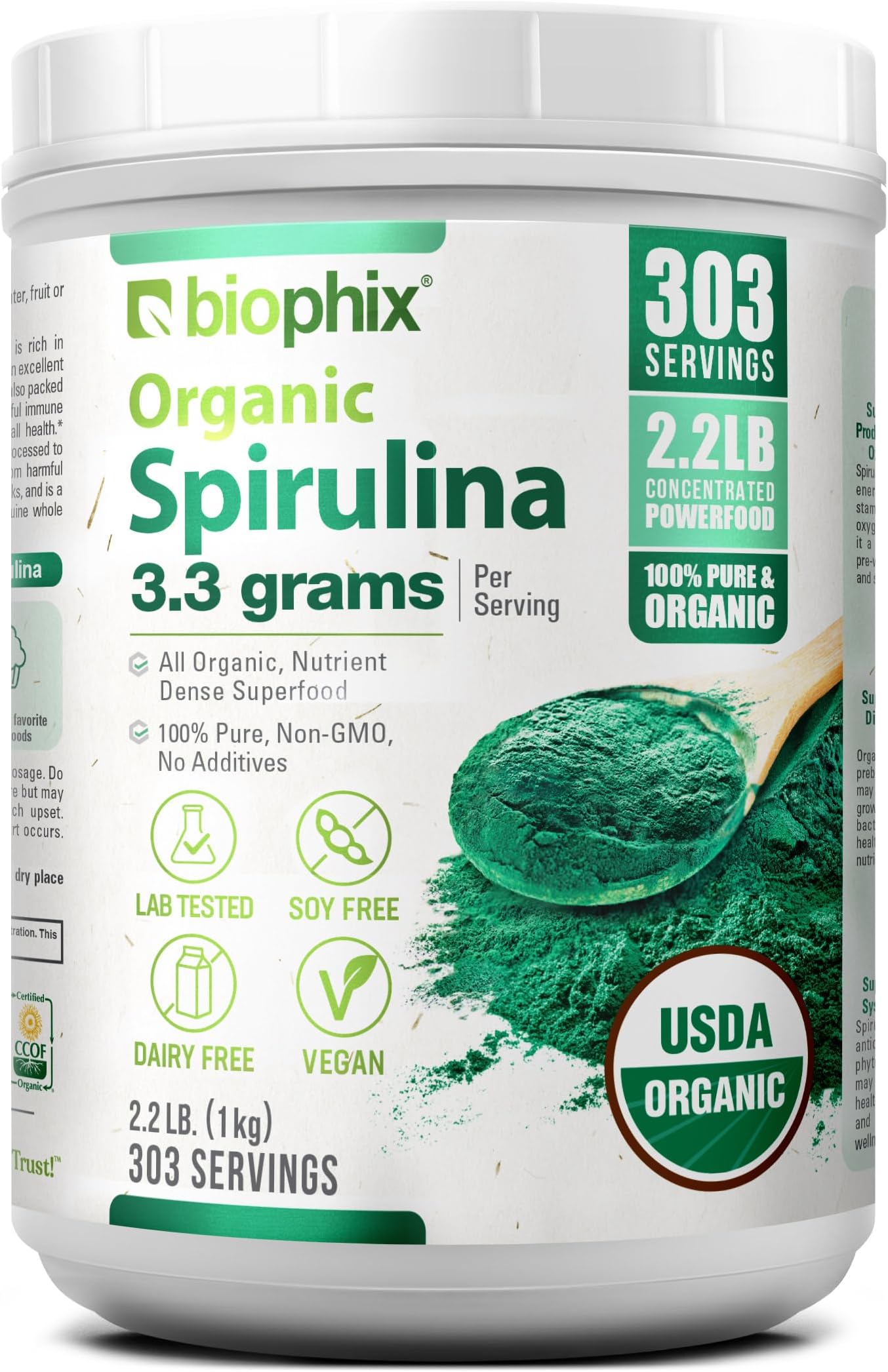 biophix Organic Spirulina Powder, 2.2 Lbs 100% Pure Spirulina Blue Green Algae Powder, Vegan, Non GMO, Non-Irradiated, USDA Certified, Best Protein Superfood