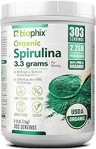 biophix Organic Spirulina Powder, 2.2 Lbs 100% Pure Spirulina Blue Green Algae Powder, Vegan, Non GMO, Non-Irradiated, USDA Certified, Best Protein Superfood