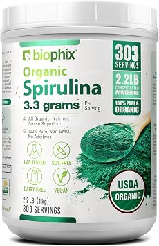biophix Organic Spirulina Powder, 2.2 Lbs 100% Pure Spirulina Blue Green Algae Powder, Vegan, Non GMO, Non-Irradiated, USDA Certified, Best Protein Superfood