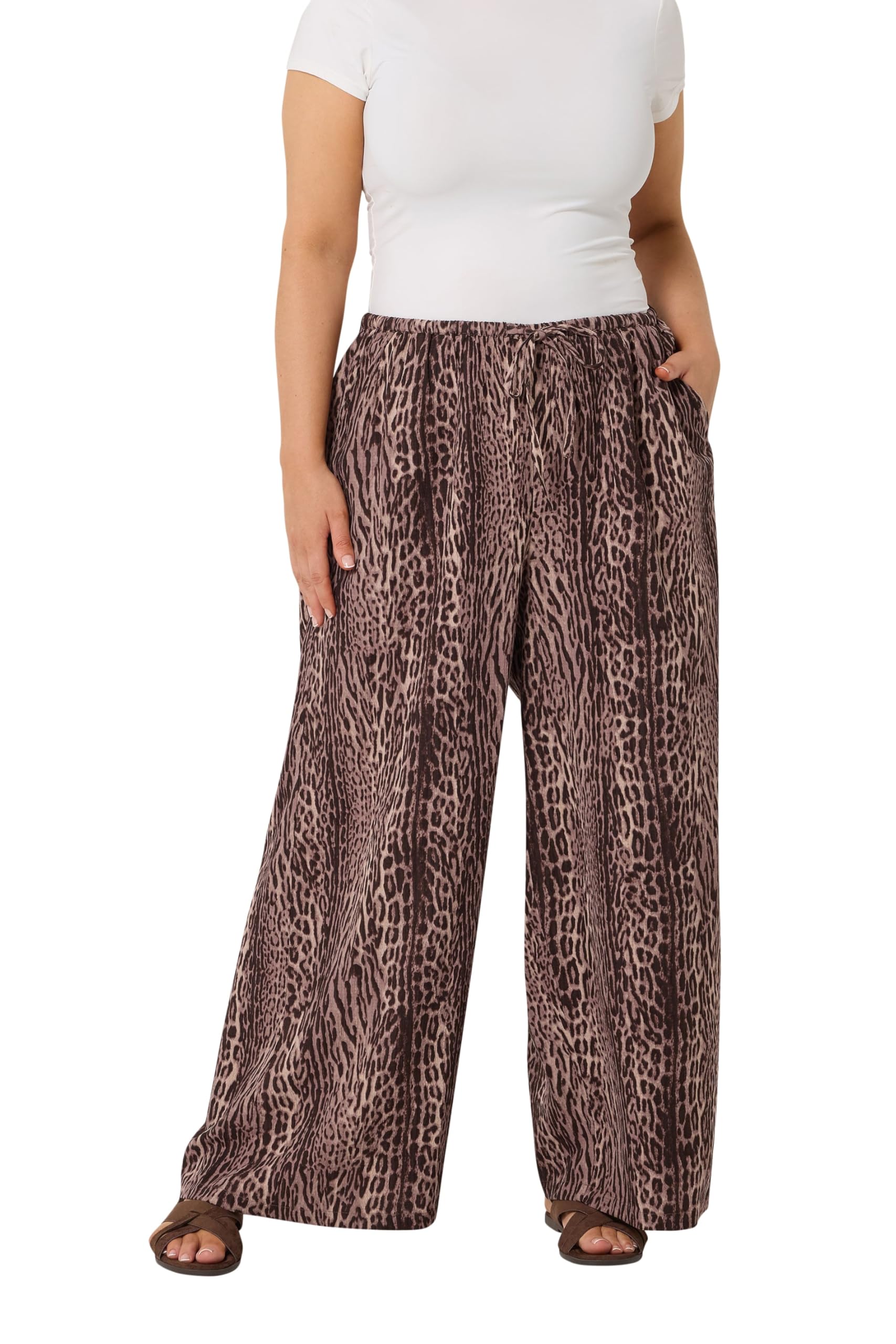 Yours Women's Brown Leopard Wide Leg Trousers In | Size: 22/24