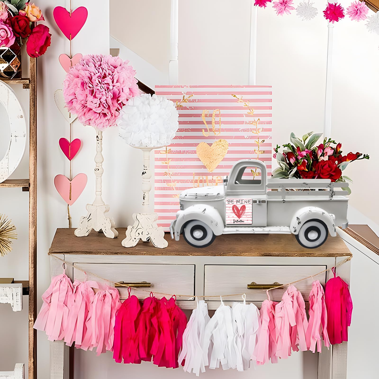 Macetero de 34cm para Coche, Camión de Metal Decorativo con 20 Imanes de Temporada para Casa, Decoración Centro de Mesa Versátil para Jardín, Balcón, Cocina, Adornos Salon, Escaparate o Terraza