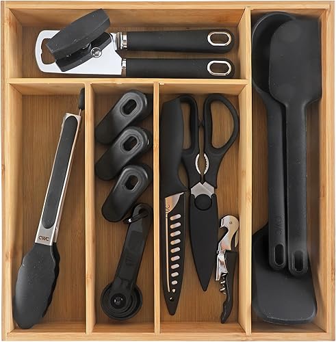 COOK WITH COLOR Juego de utensilios de cocina de bambú con organizador de cajones | Herramientas de cocina y caddy de almacenamiento, negro, juego